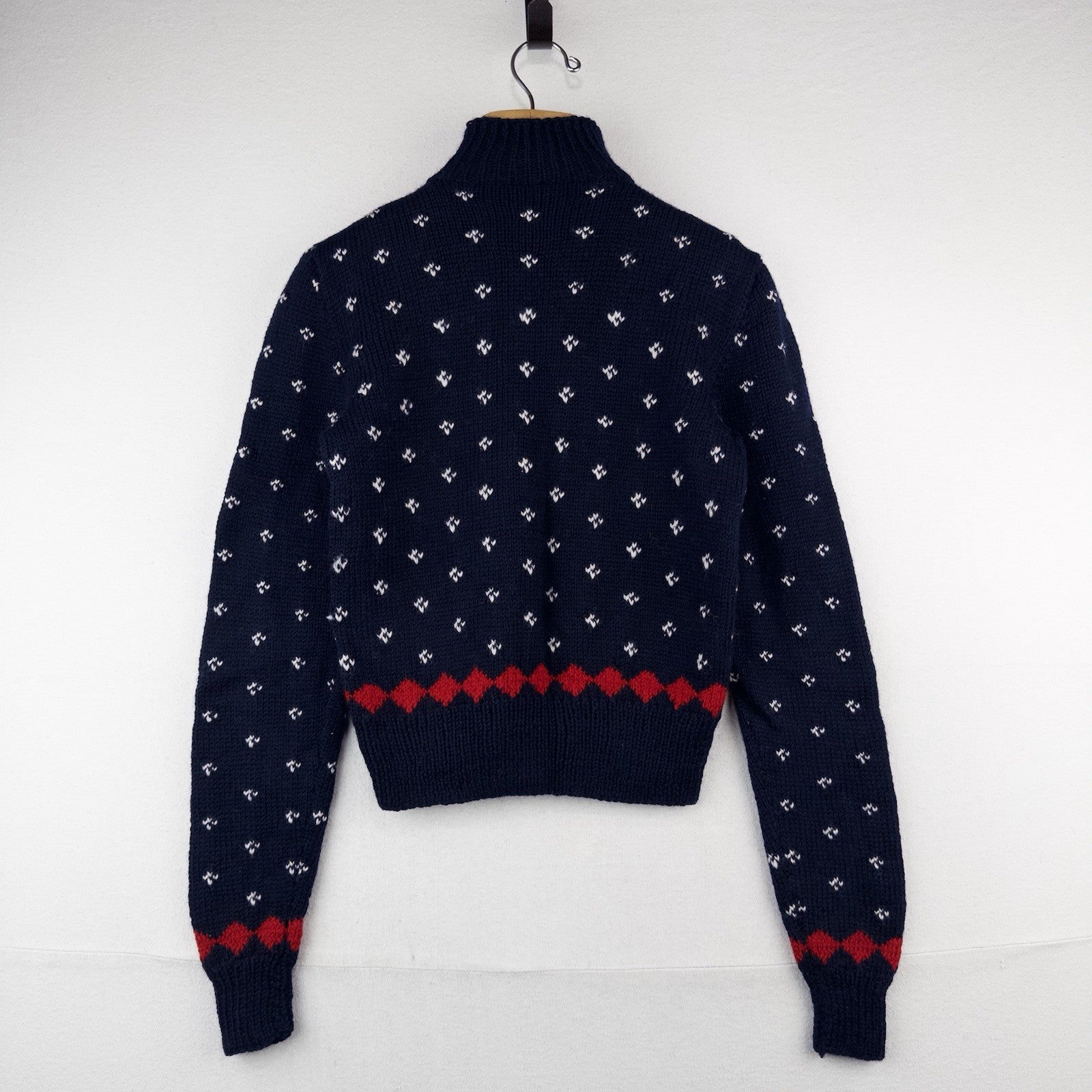 50’s Vtg Hand Knit Apres Ski Sweater Skier Blue Red Birds Eye Women’s S