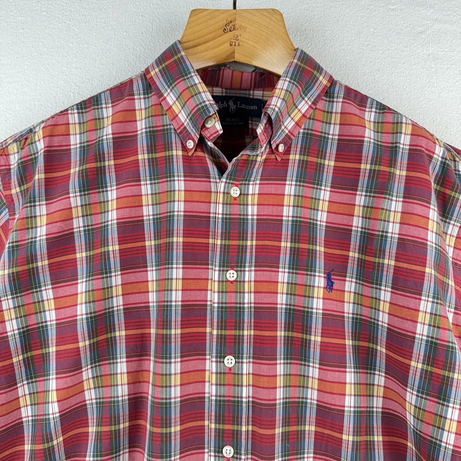 Ralph Lauren Mens XL Blake Short Sleeve Madras Plaid Polo Button Down Shirt