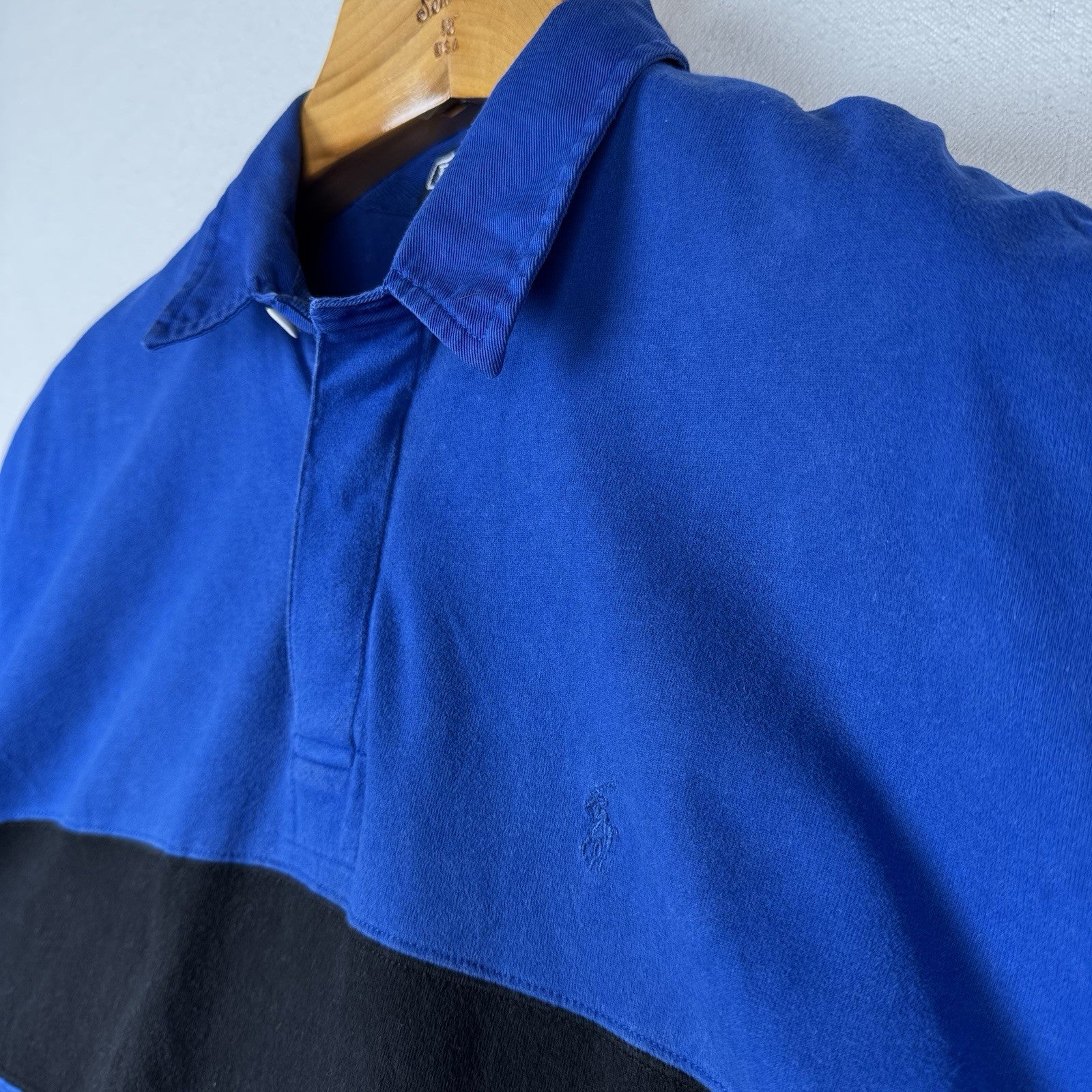 Vintage Polo Ralph Lauren Mens XL Short Sleeve Rugby Thick Soft Blue Stripe