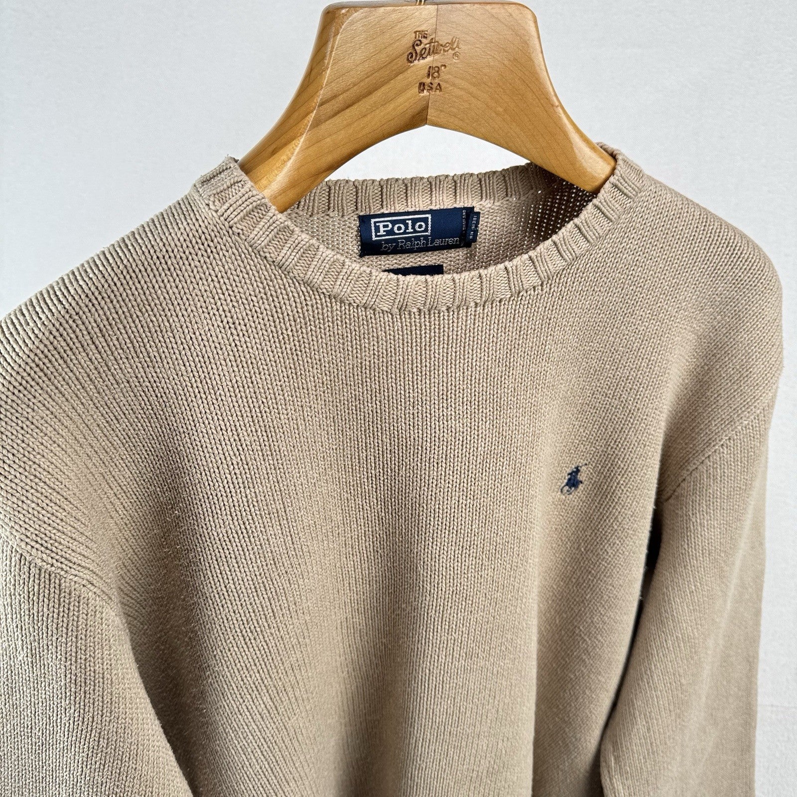 90’s Vintage Polo Ralph Lauren Men’s L Tan Camel Brown Knit Sweater 100% Cotton