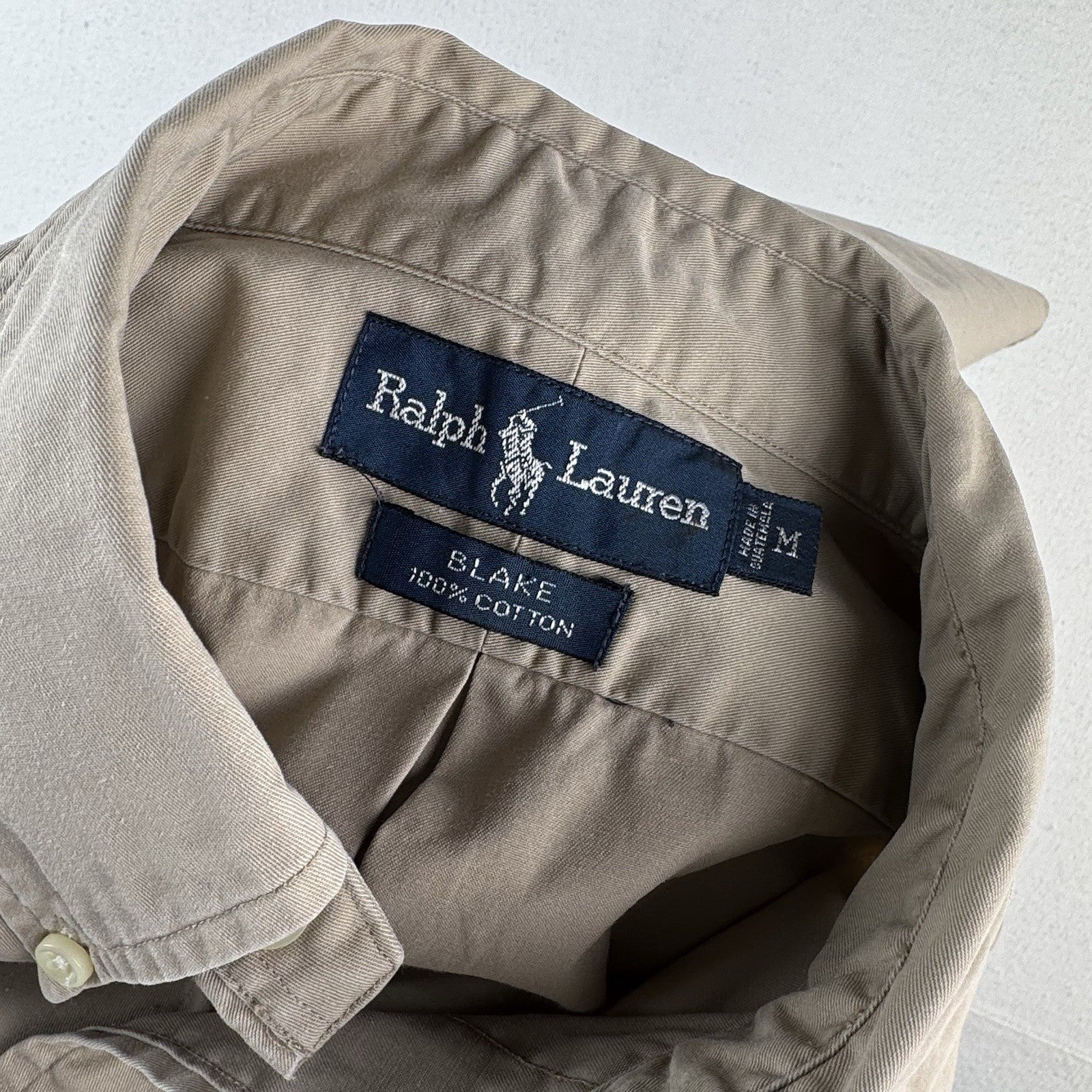 Vtg Ralph Lauren Blake Men’s M Beige Button Up Short Sleeve Short 100% Cotton
