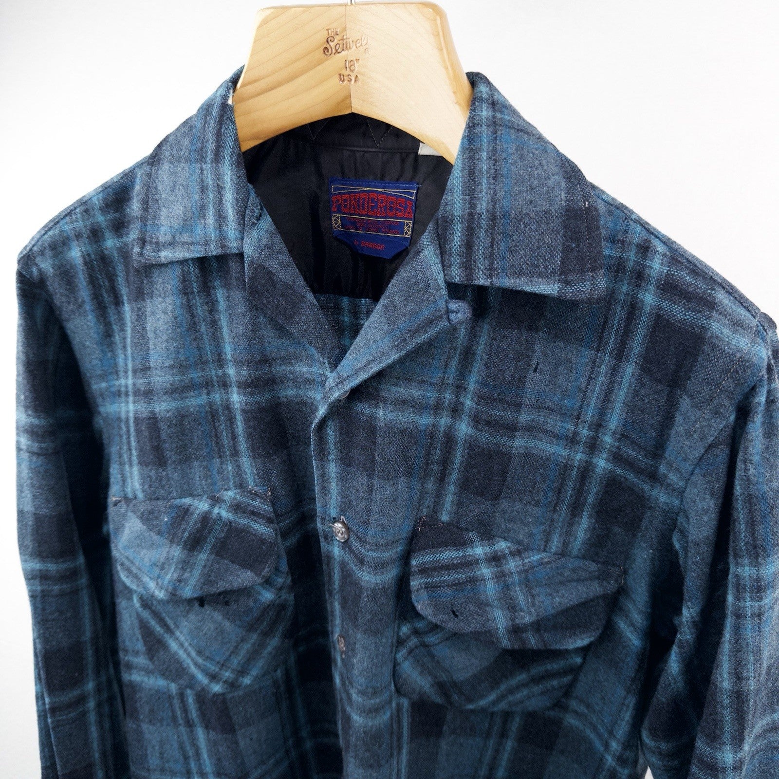 50’s Vtg Ponderosa Virgin Wool Blend Flap Pocket Blue Plaid Flannel Work Shirt