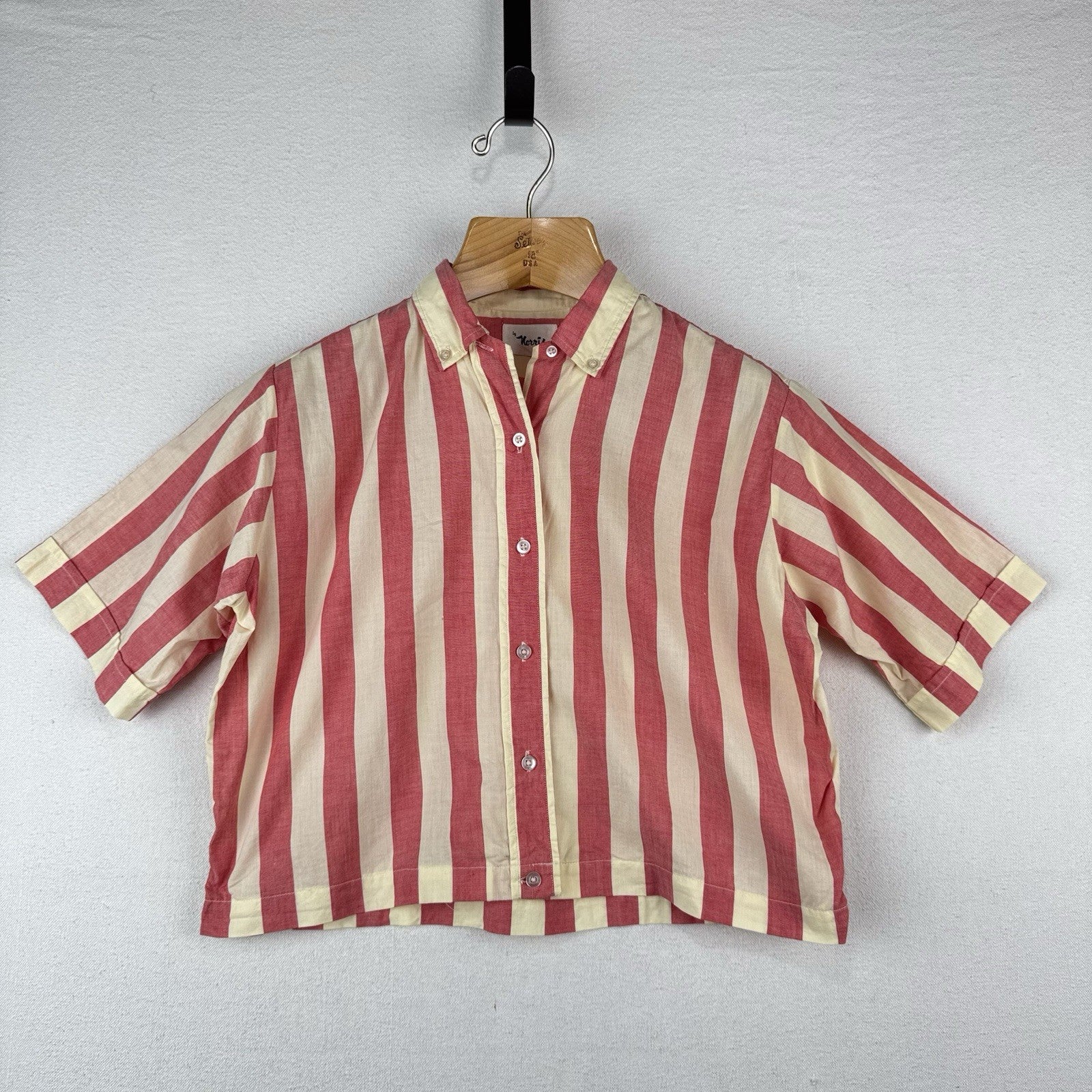 60s 70s Vtg Norris Linen Cropped Button Down Shirt Striped Womens 16 *Read