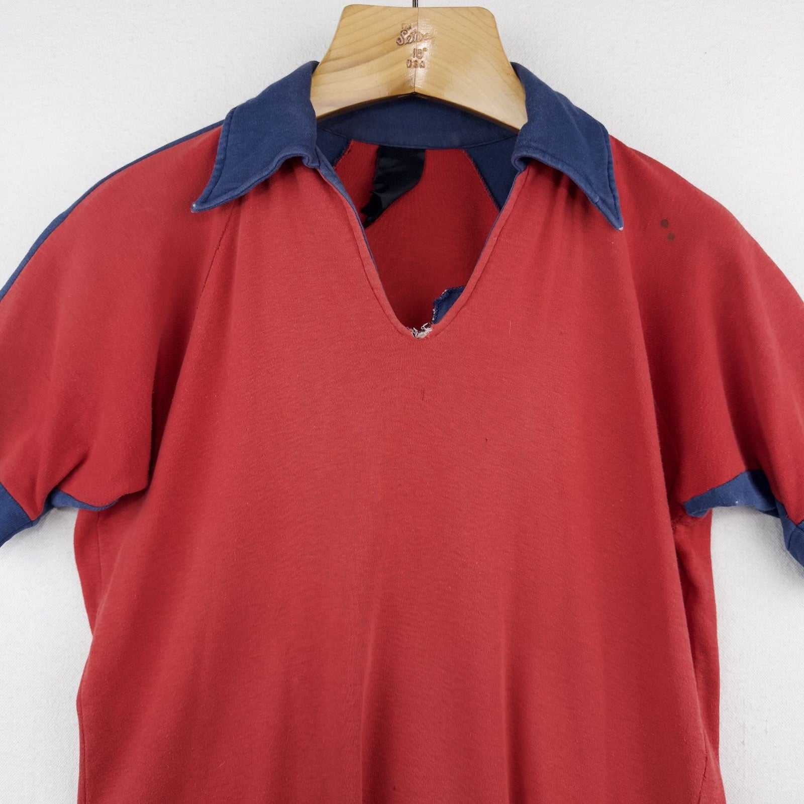 70's Vtg Raglan Polo Shirt Red Blue Color Block Johnny Collar V-Neck *Distressed