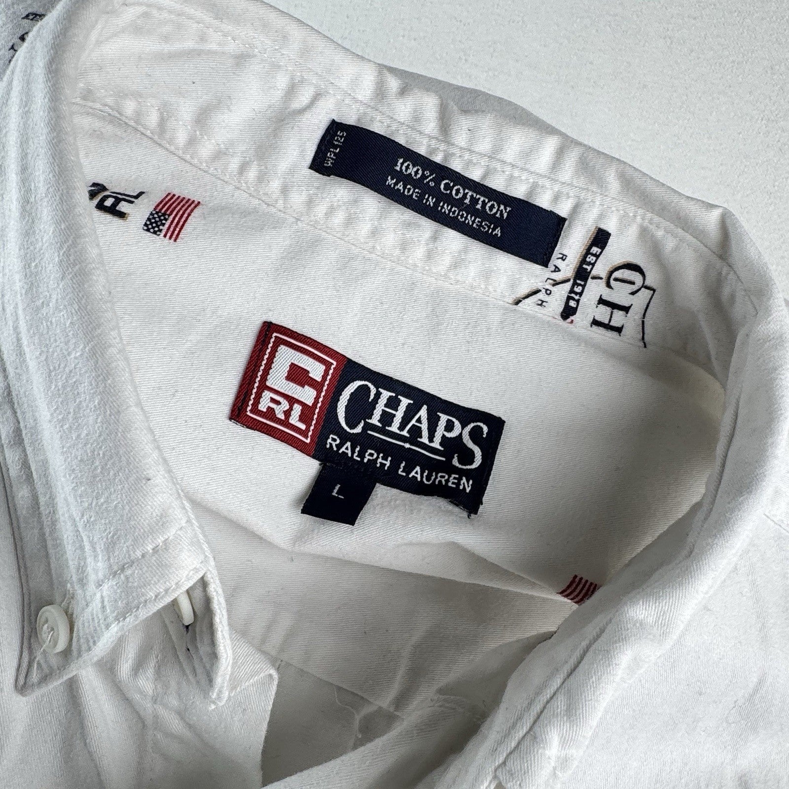 Vintage Ralph Lauren Chaps Mens L White All Over Print Shirt RL Flag