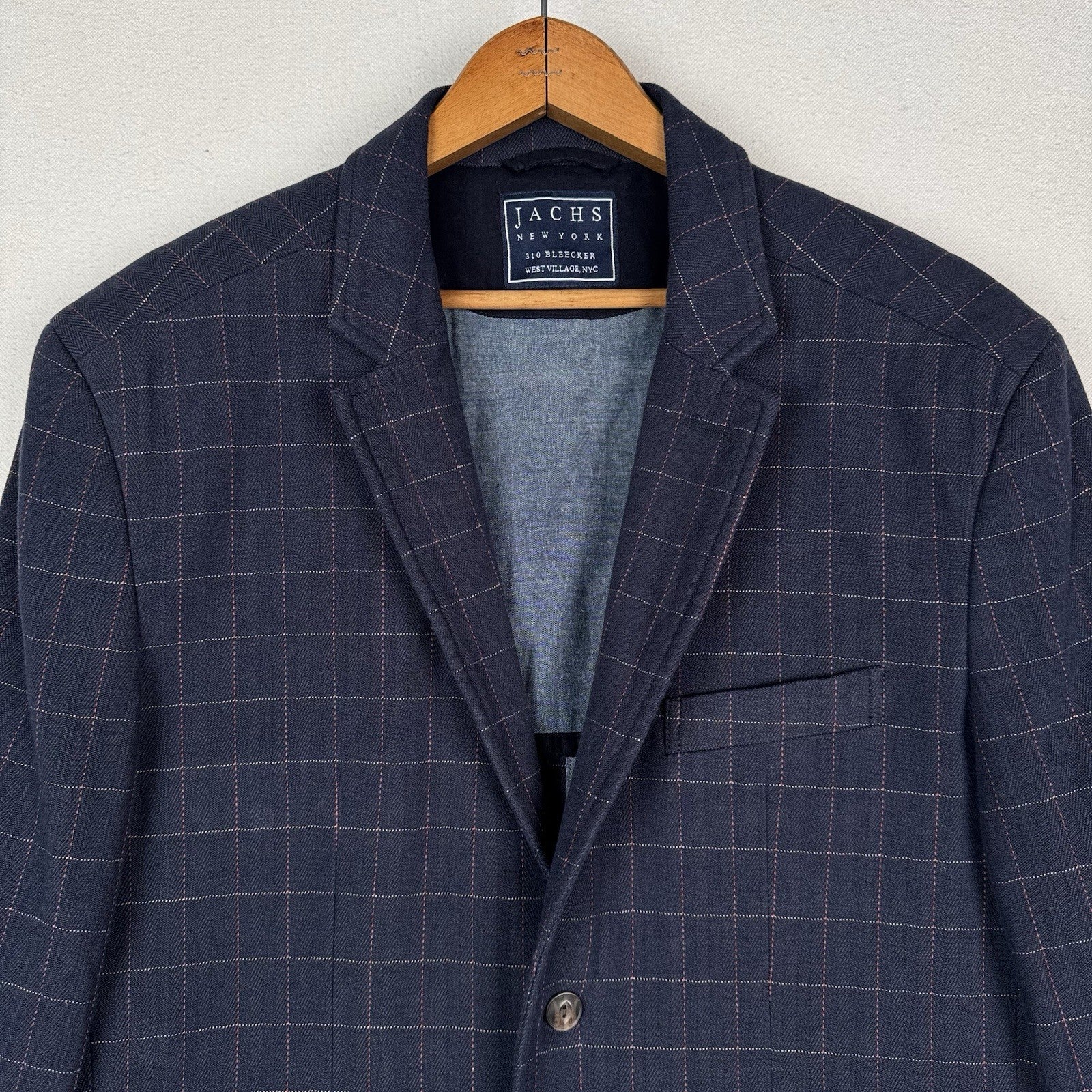 Jachs New York Blazer Mens Large Navy Windowpane Stretch Sport Coat 2-Button
