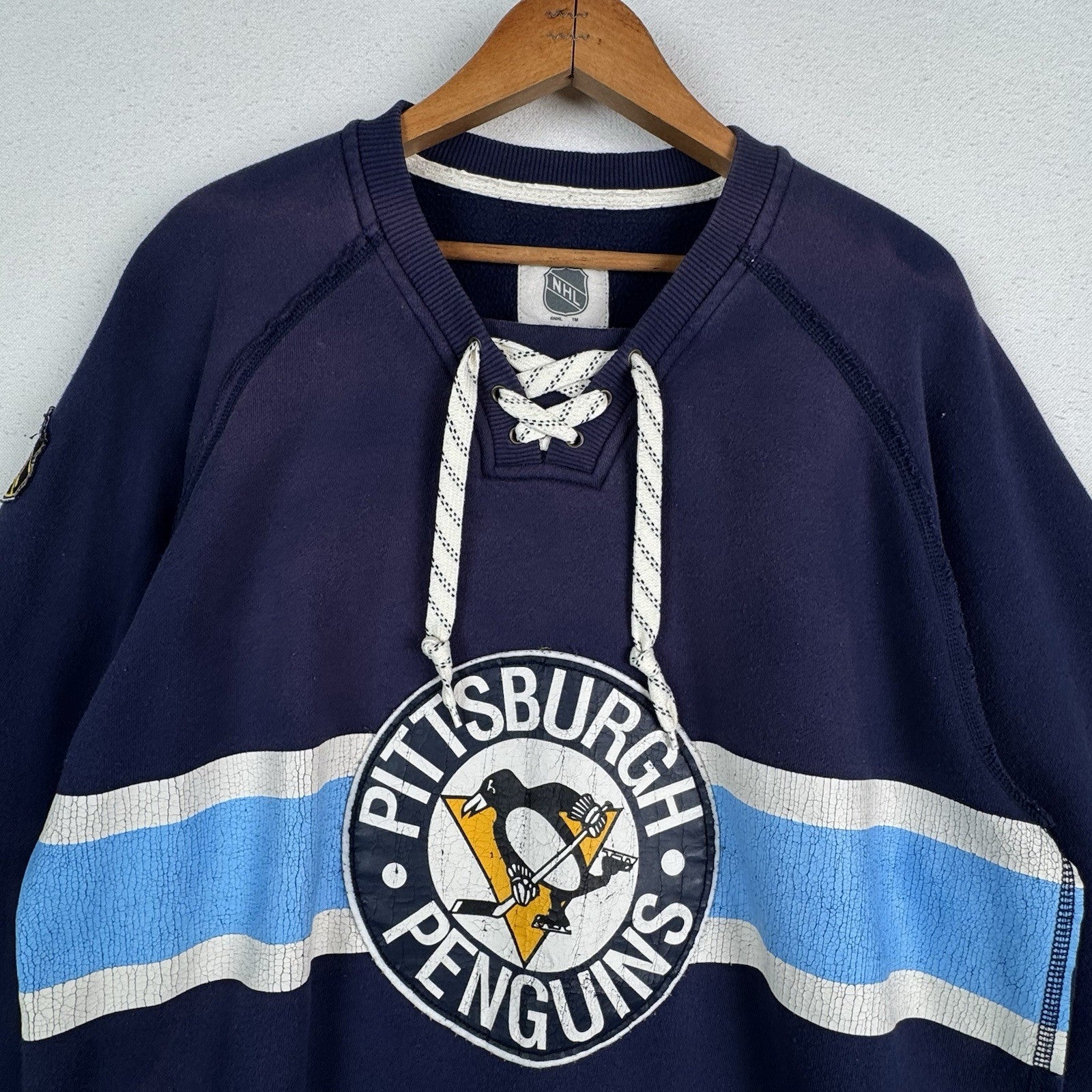 CCM Pittsburgh Penguins Mens Large Laceup Blue Sweatshirt Jersey NHL Distresssed