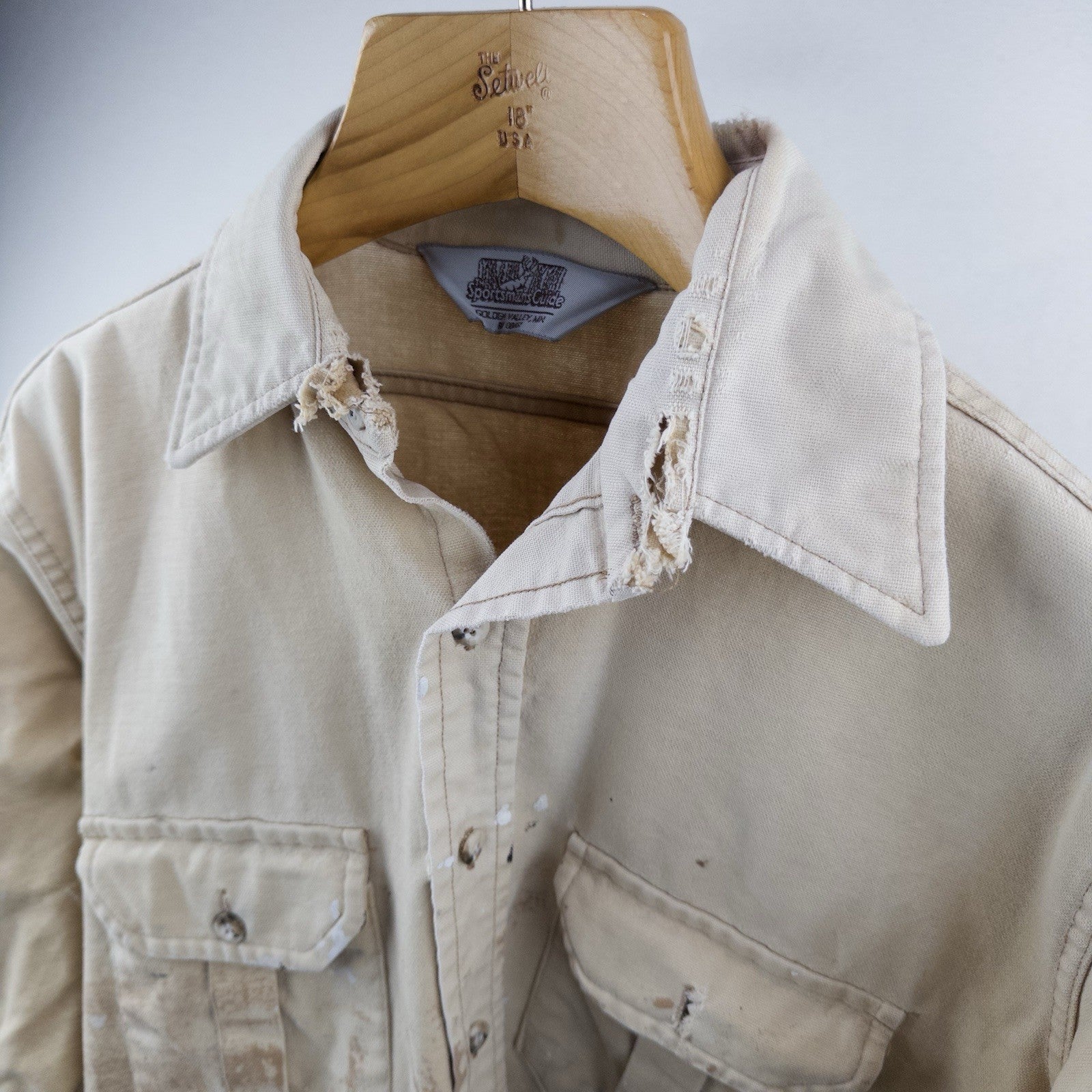 70’s Vtg Sportsman's Guide Shirt Mens L Heavy Cotton Tan Long Sleeve *Distressed