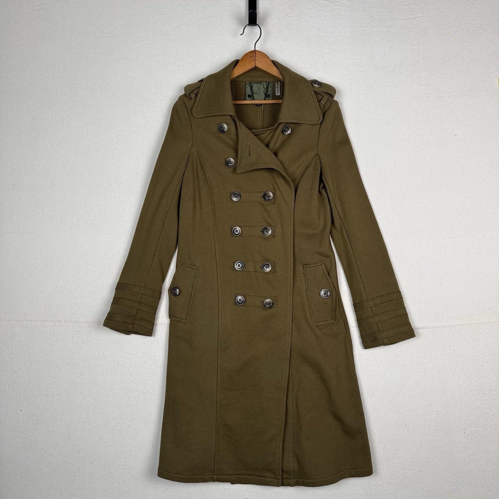 Military Style Double Breasted Knit Green Brown Long Trench Jacket Women’s Small