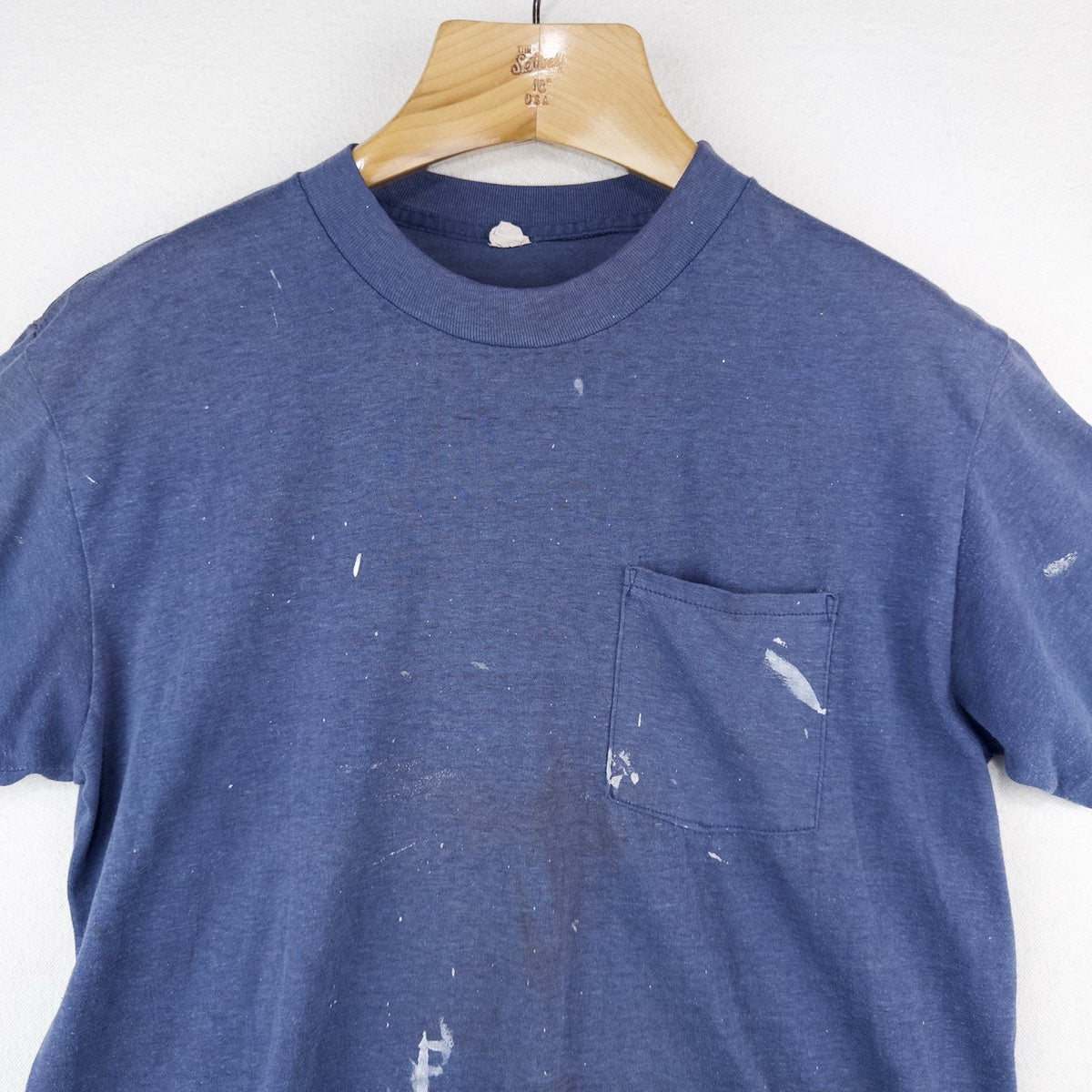 70’s Vtg Thin Selvedge Front Pocket Blank Sun Faded T-Shirt Youth Large Blue