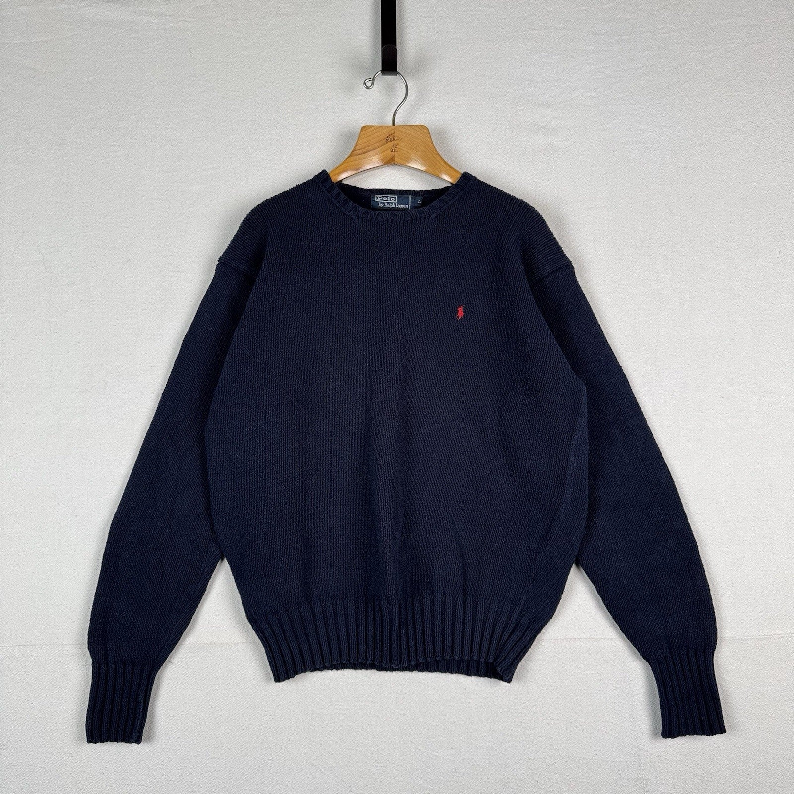 90’s Vintage Polo Ralph Lauren Sweater Men L Navy Blue Knit Pullover Red Logo