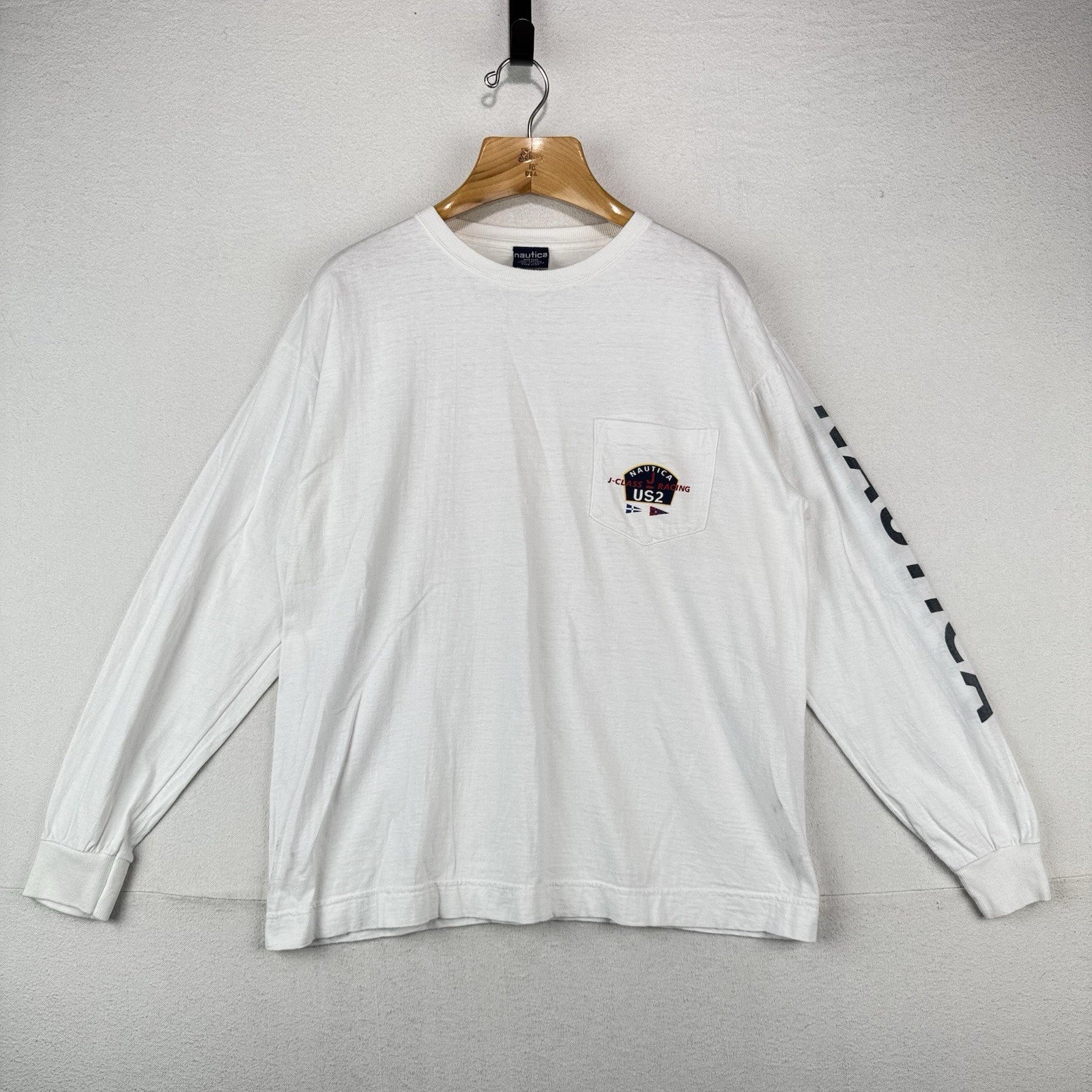 Vintage Nautica J-Class US2 Racing Men’s Large White Long Sleeve Pocket T-shirt