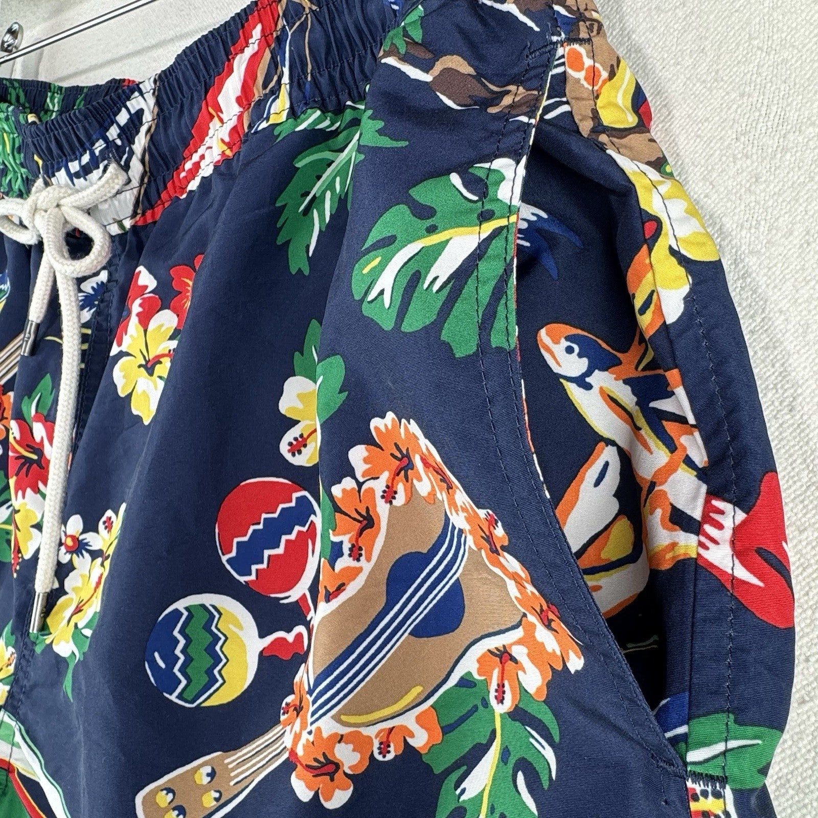 Polo Ralph Lauren Swim Trunks Mens M Blue Bear Floral Mesh Lined Drawstring 5”