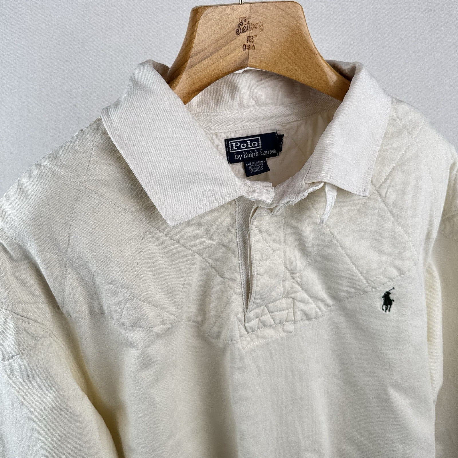 90s Vtg Polo Ralph Lauren Rugby Shirt 2XB Padded Shoulders/Elbows White *Read