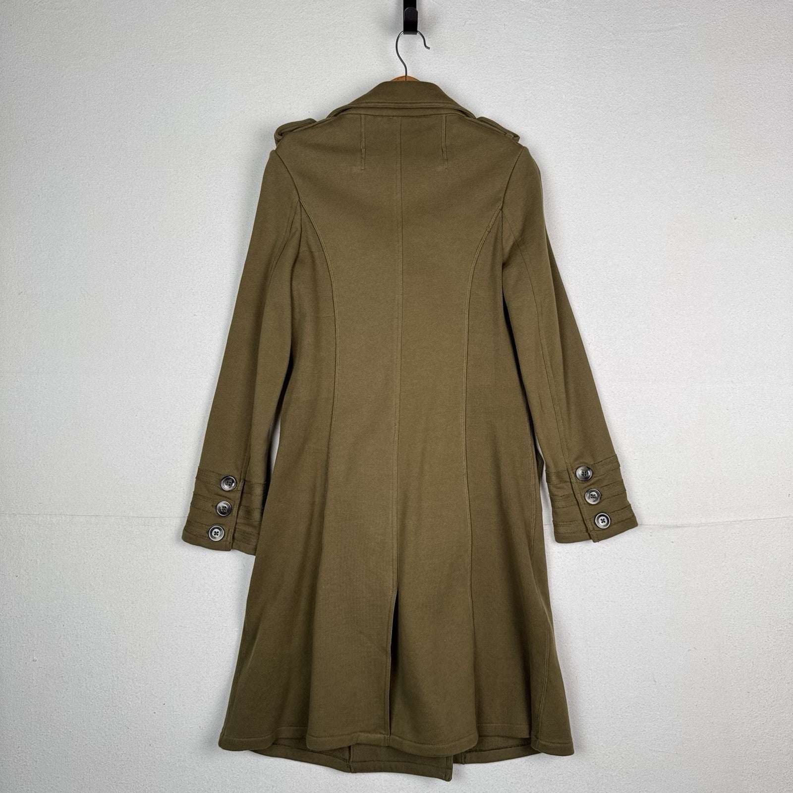 Military Style Double Breasted Knit Green Brown Long Trench Jacket Women’s Small