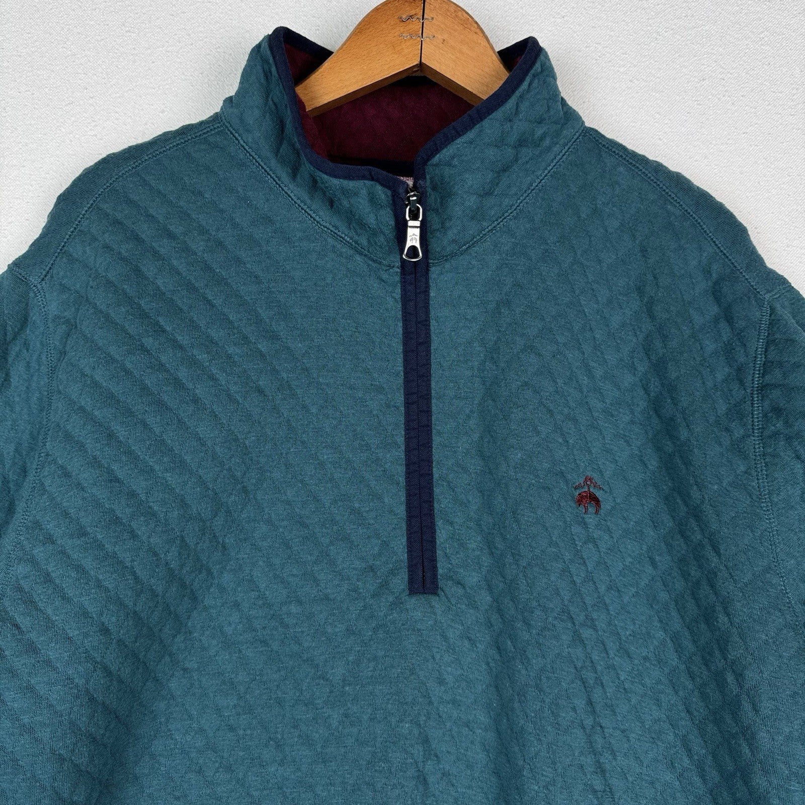 Brooks Brothers 1/4 Zip Diamond Quilted Pullover Mens 2XL Blue Maroon Sweater