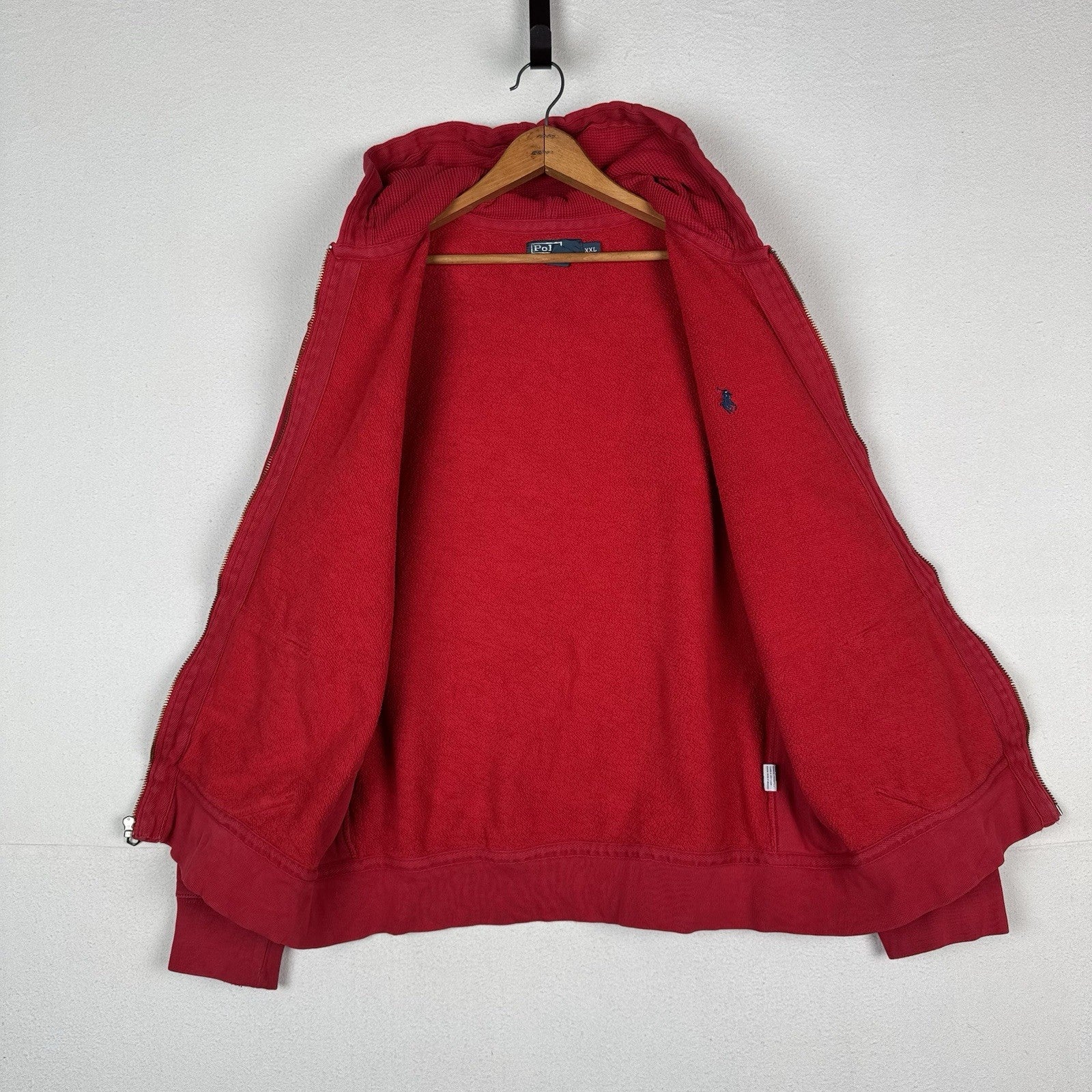 Vintage Polo Ralph Lauren Thermal Hood Hoodie Mens 2XL Full Zip Red Sweatshirt
