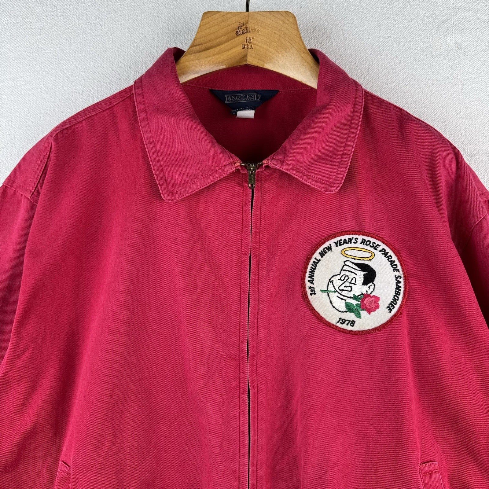 Vtg Lands End Harrington Jacket Faded Pink Red Boxy ‘78 Rose Parade Patch Large
