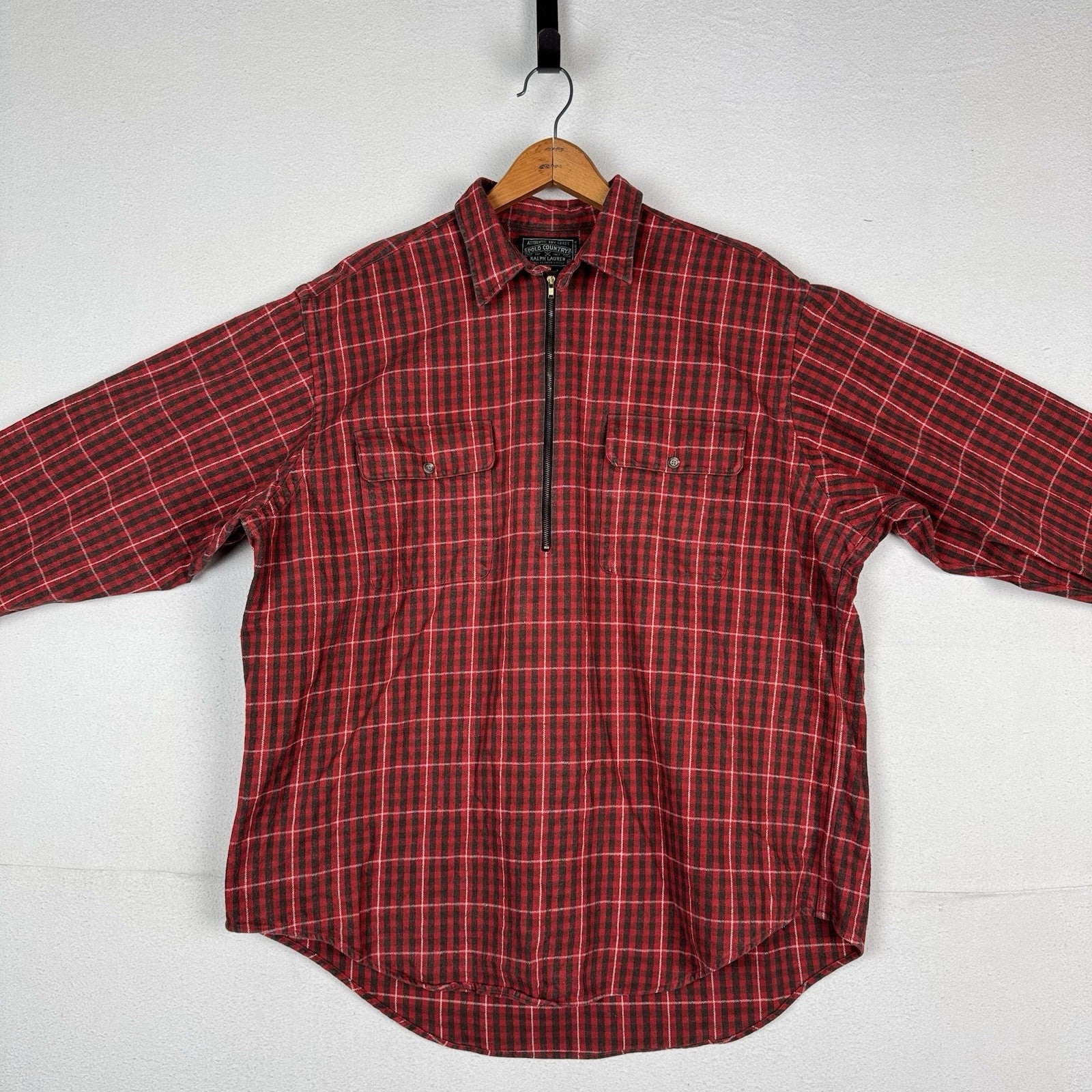 Rare Polo Country Ralph Lauren Red Cotton Flannel Quarter Zip Western Wear XL