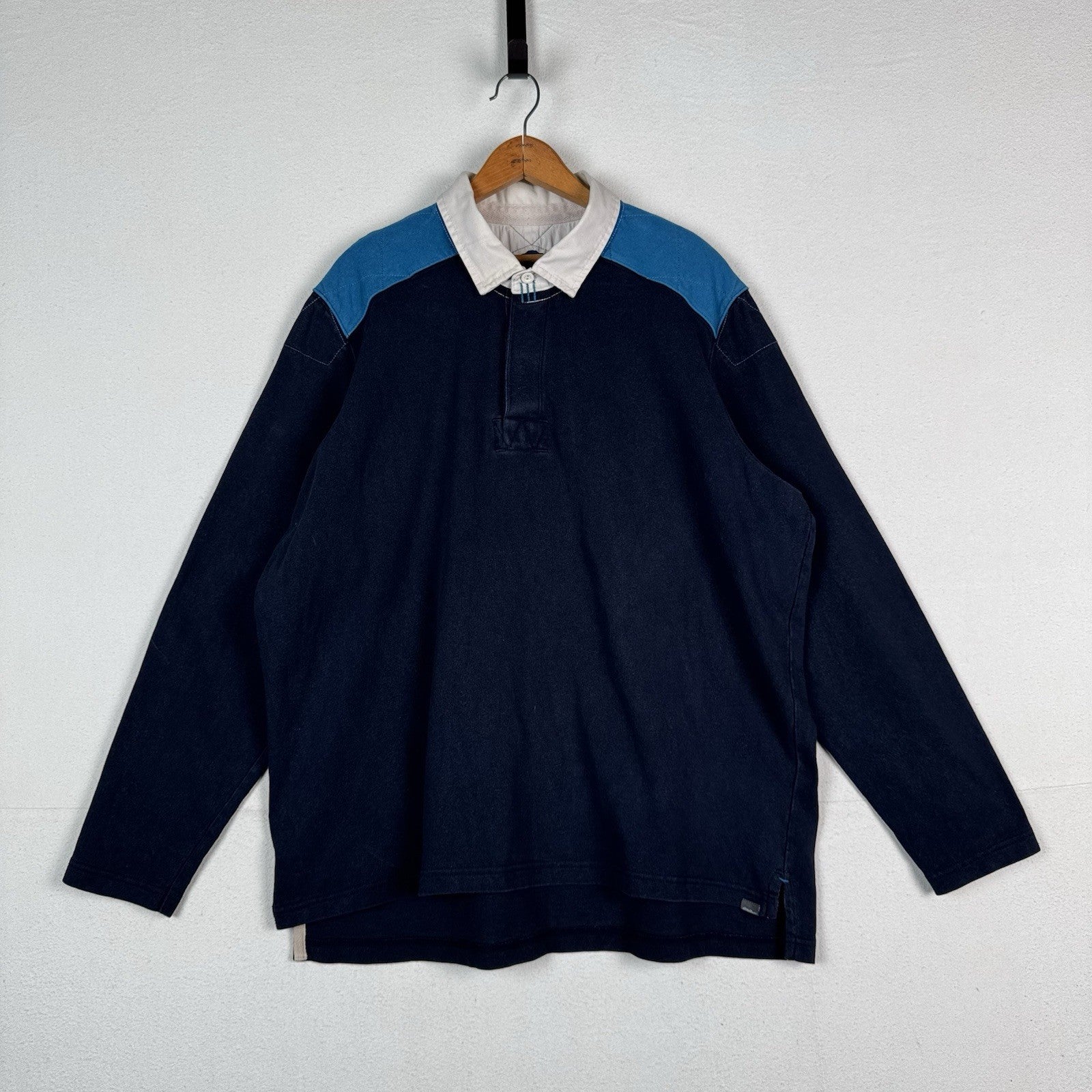 Eddie Bauer Long Sleeve Rugby Shirt Size XXL 2XL Blue Solid Quilted Shoulders