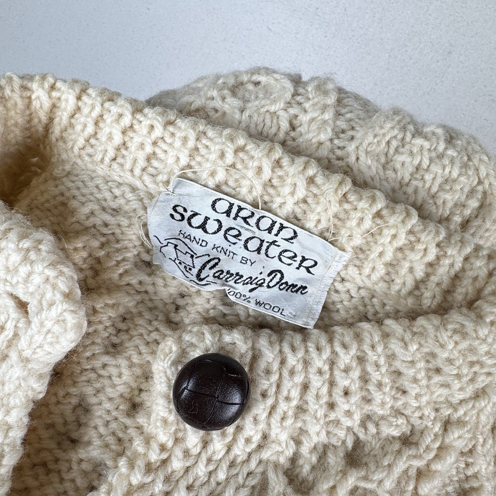 Carraig Donn Aran Cardigan Sweater Small/Med Ireland Wool Cable Knit Ivory