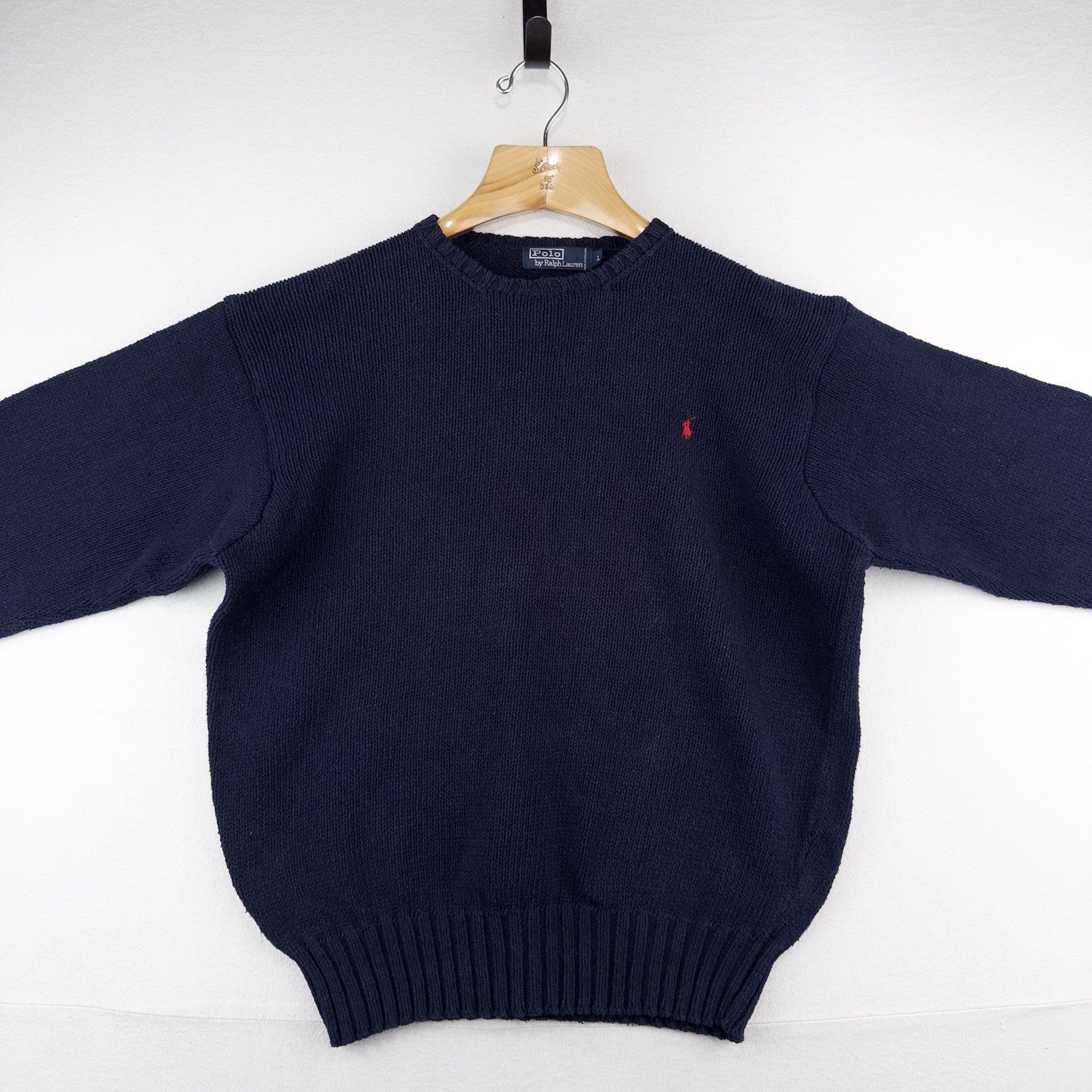 90's Vintage Polo Ralph Lauren Sweater Men's L Navy Blue Crewneck 100% Cotton