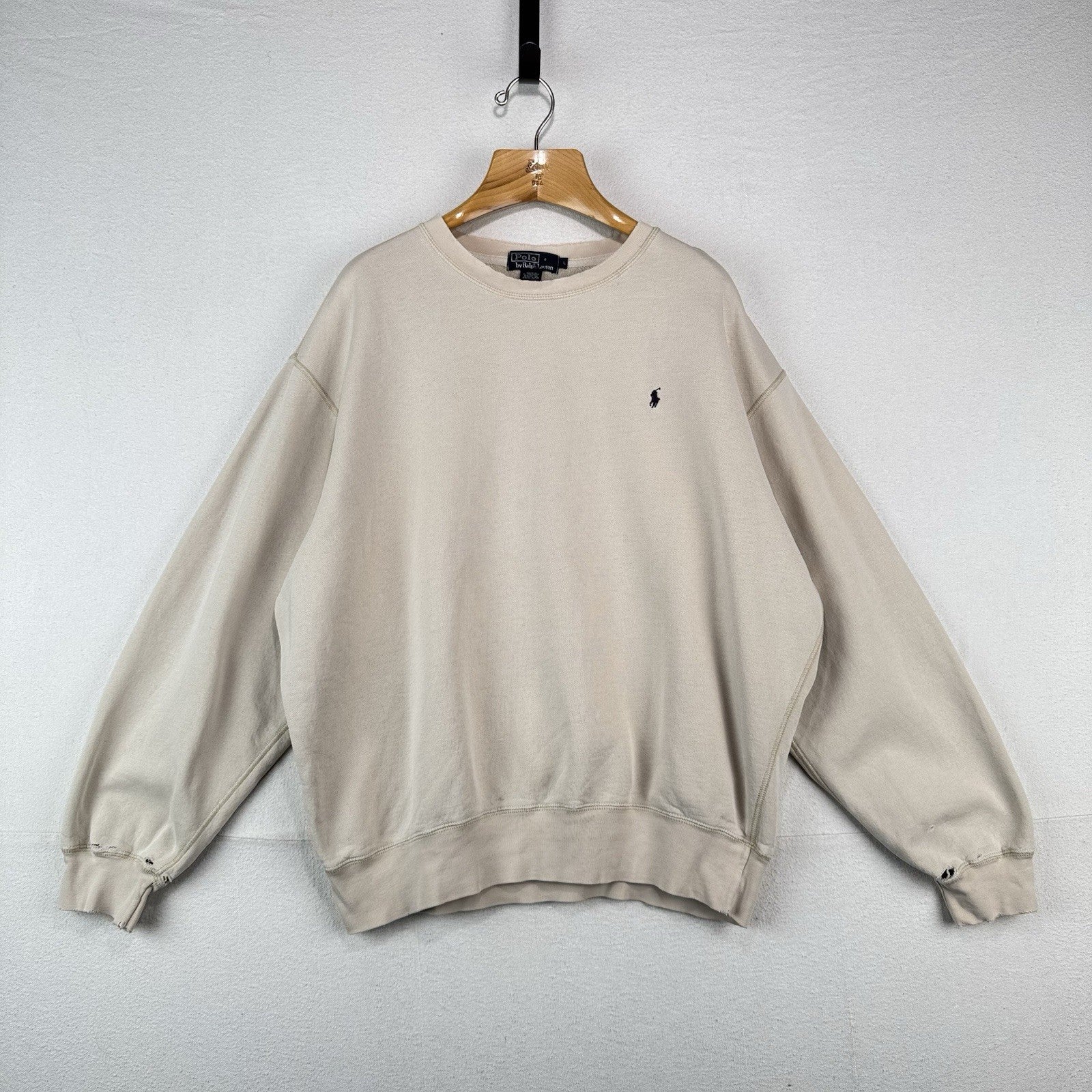 90’s Vintage Polo Ralph Lauren Men’s L Crewneck Sweatshirt Tan *Distressed