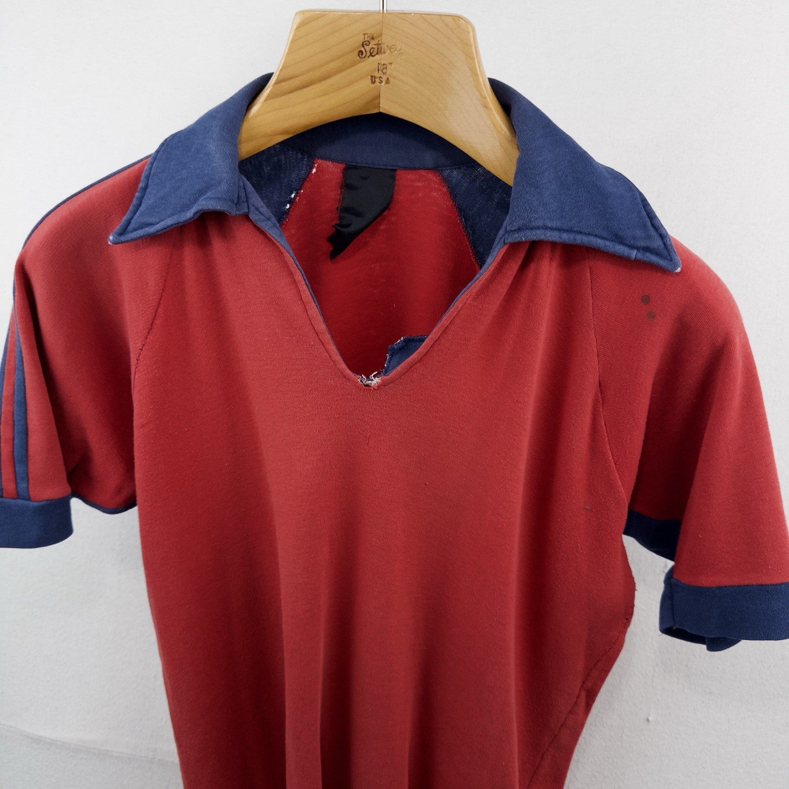 70's Vtg Raglan Polo Shirt Red Blue Color Block Johnny Collar V-Neck *Distressed