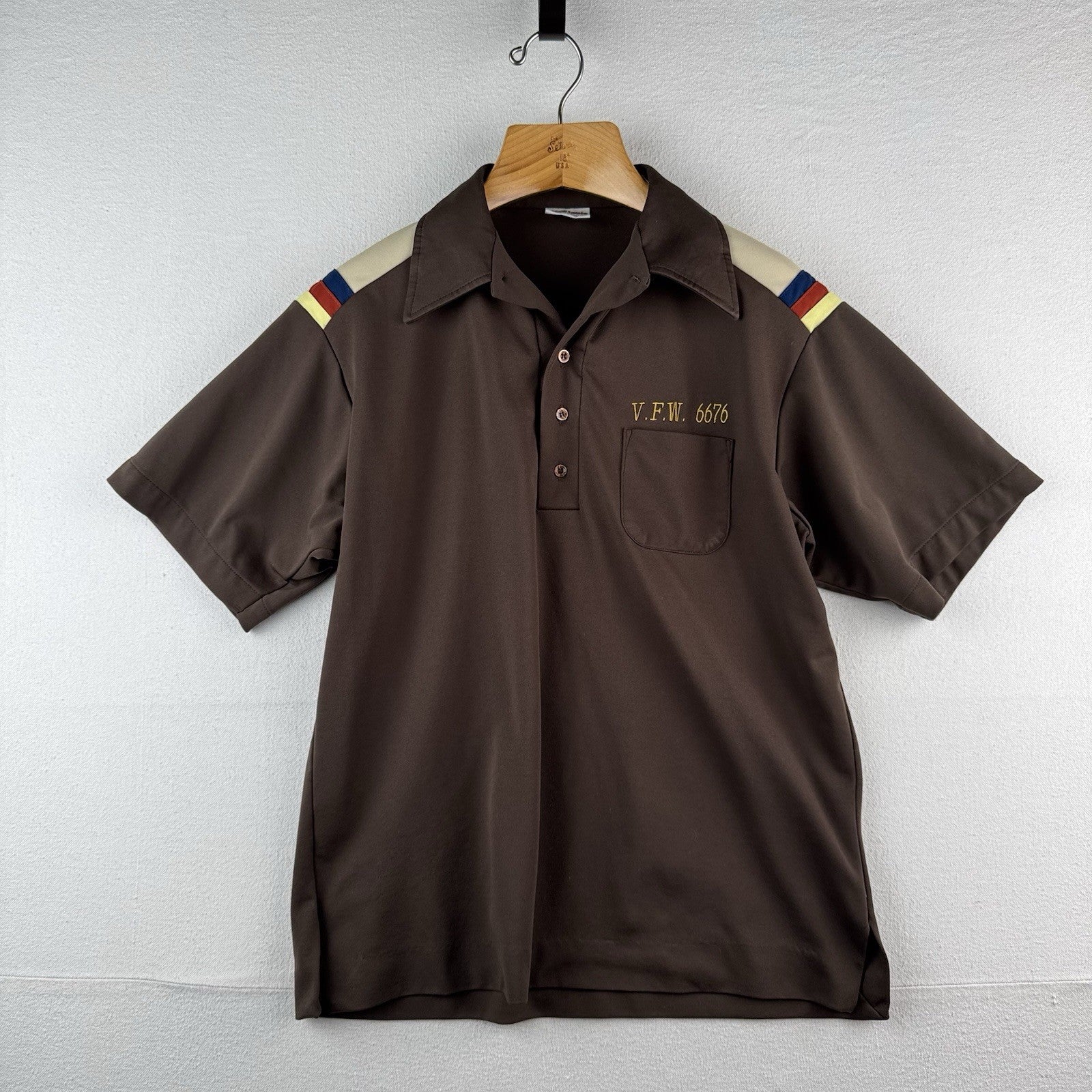 70s Vtg King Louie Creations Bowling 1/4 Button Shirt Mens M Brown VFW 6676 USA