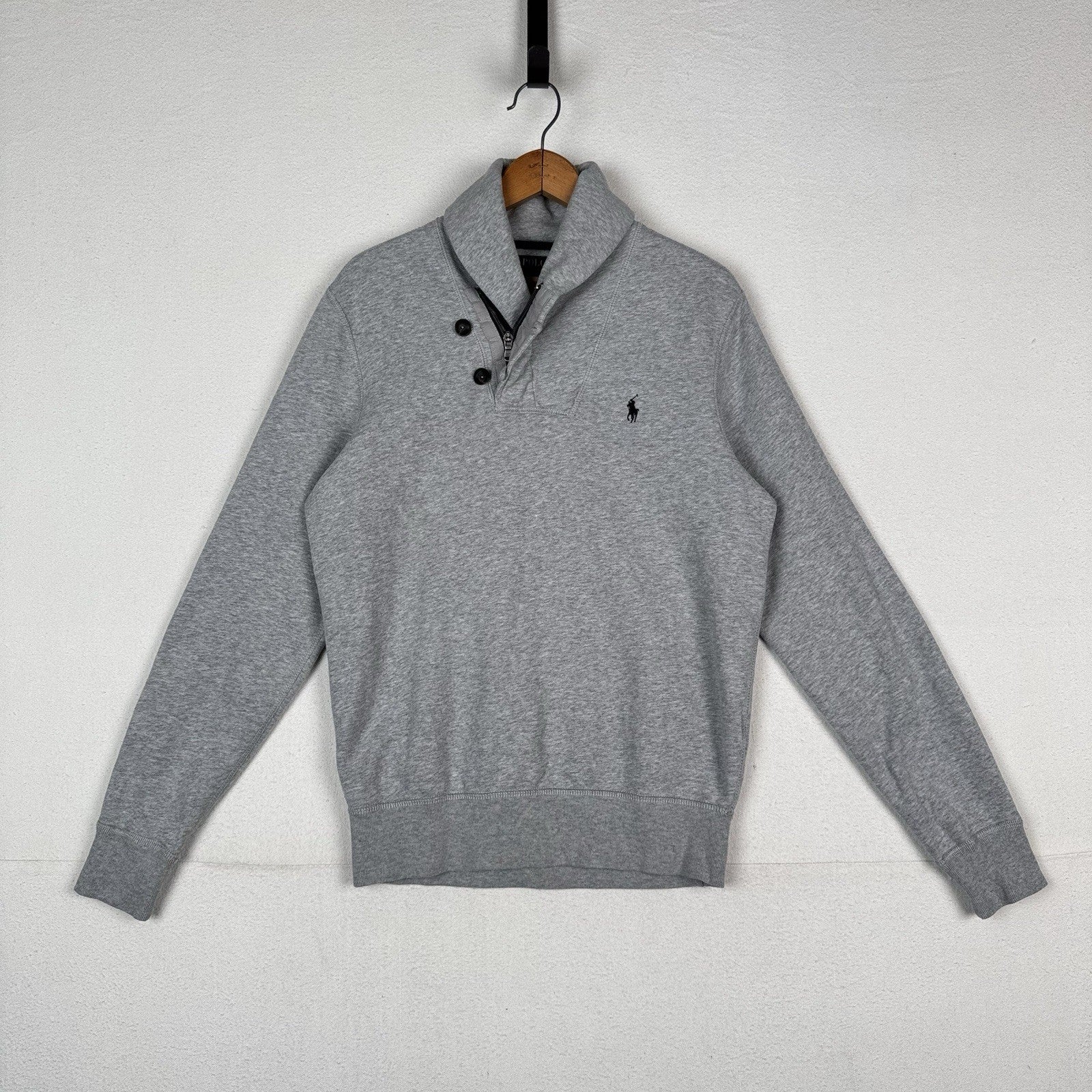 Polo Ralph Lauren Men’s Medium Jersey Shawl Collar Sweater Gray Button Zip