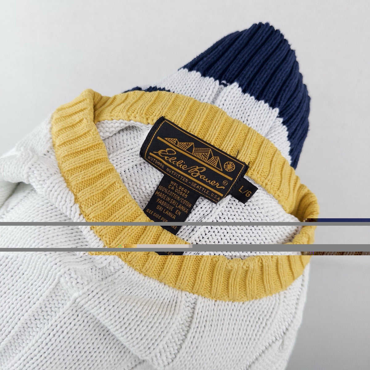 90’s Vtg Eddie Bauer Pullover Sweater Color Block Crewneck Men’s L White Blue