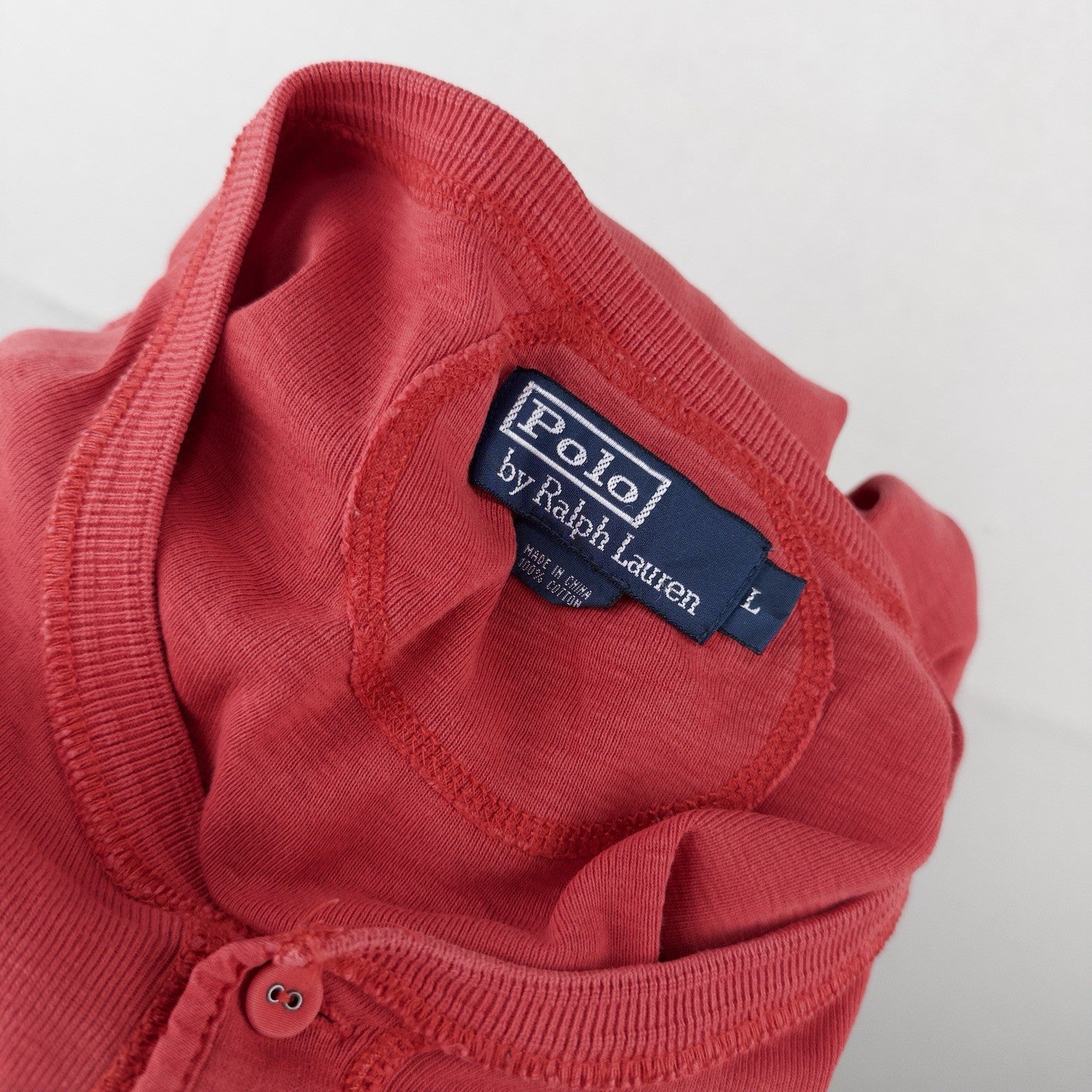 90's Vtg Polo Ralph Lauren Men's L Slub Jersey Long Sleeve Henley Shirt Coral Re