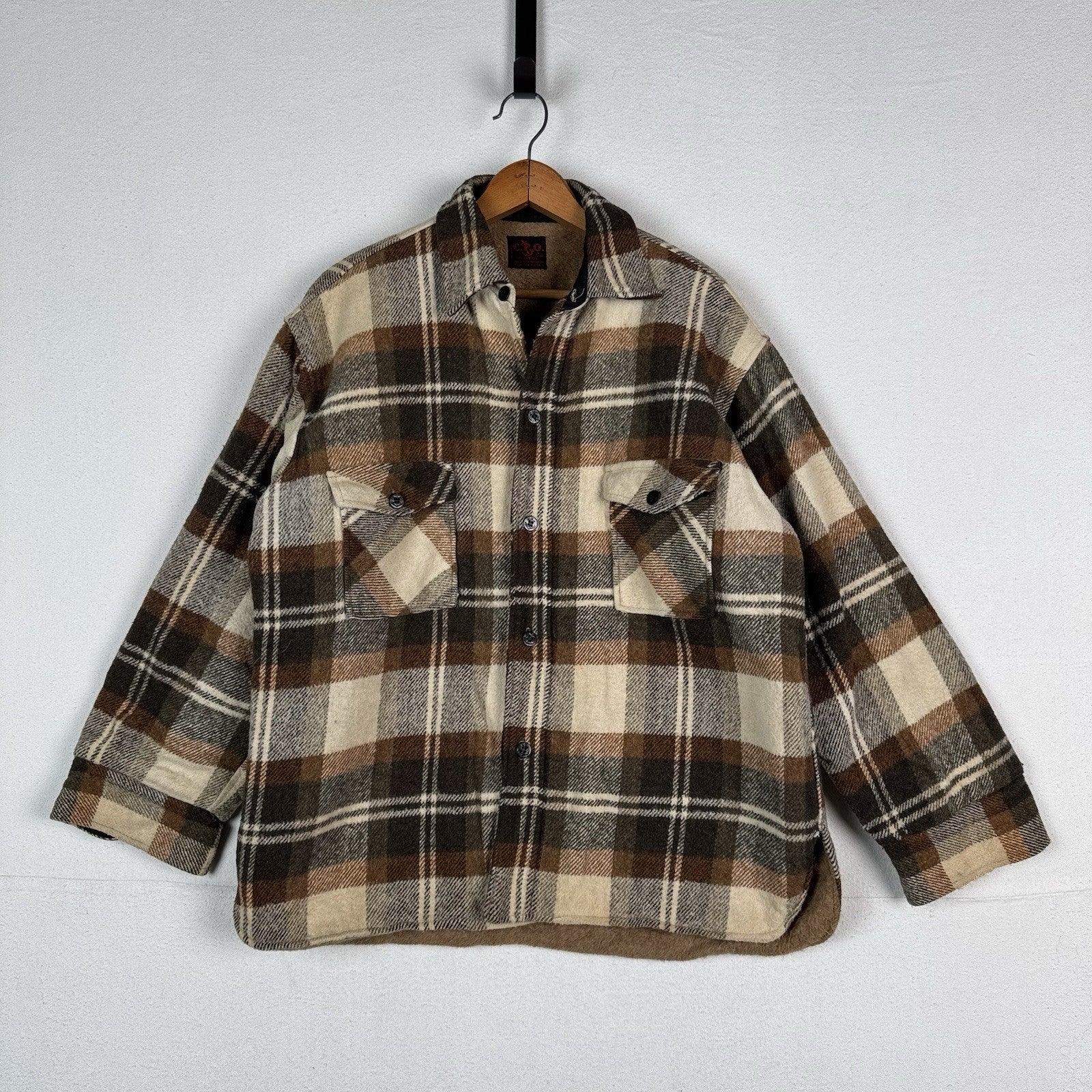 Vintage 70s CPO by Spiegel Mens Large Wool Blend Plaid Jacket Shacket Brown