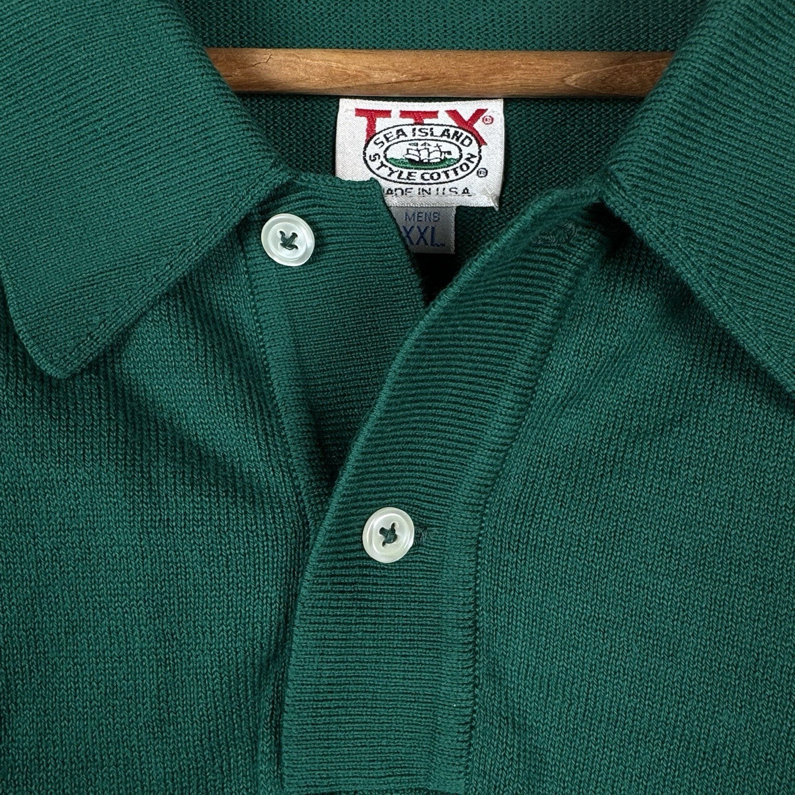 80’s Deadstock 100% Sea Island Cotton Polo Button Long Sleeve Green 2XL Made USA