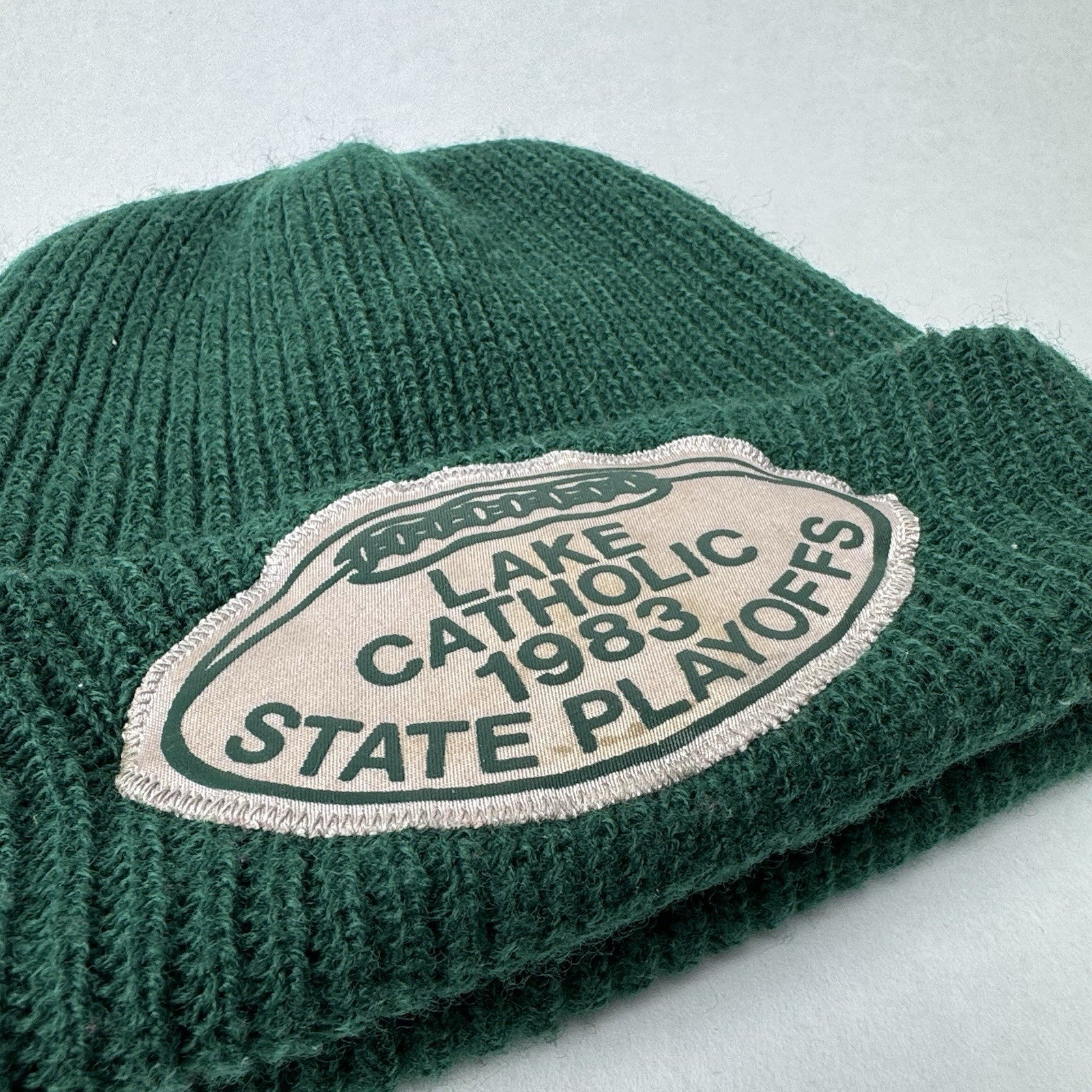 Vintage 1983 Lake Catholic Football State Playoffs Green Beanie Knit Hat 8.5”x7”