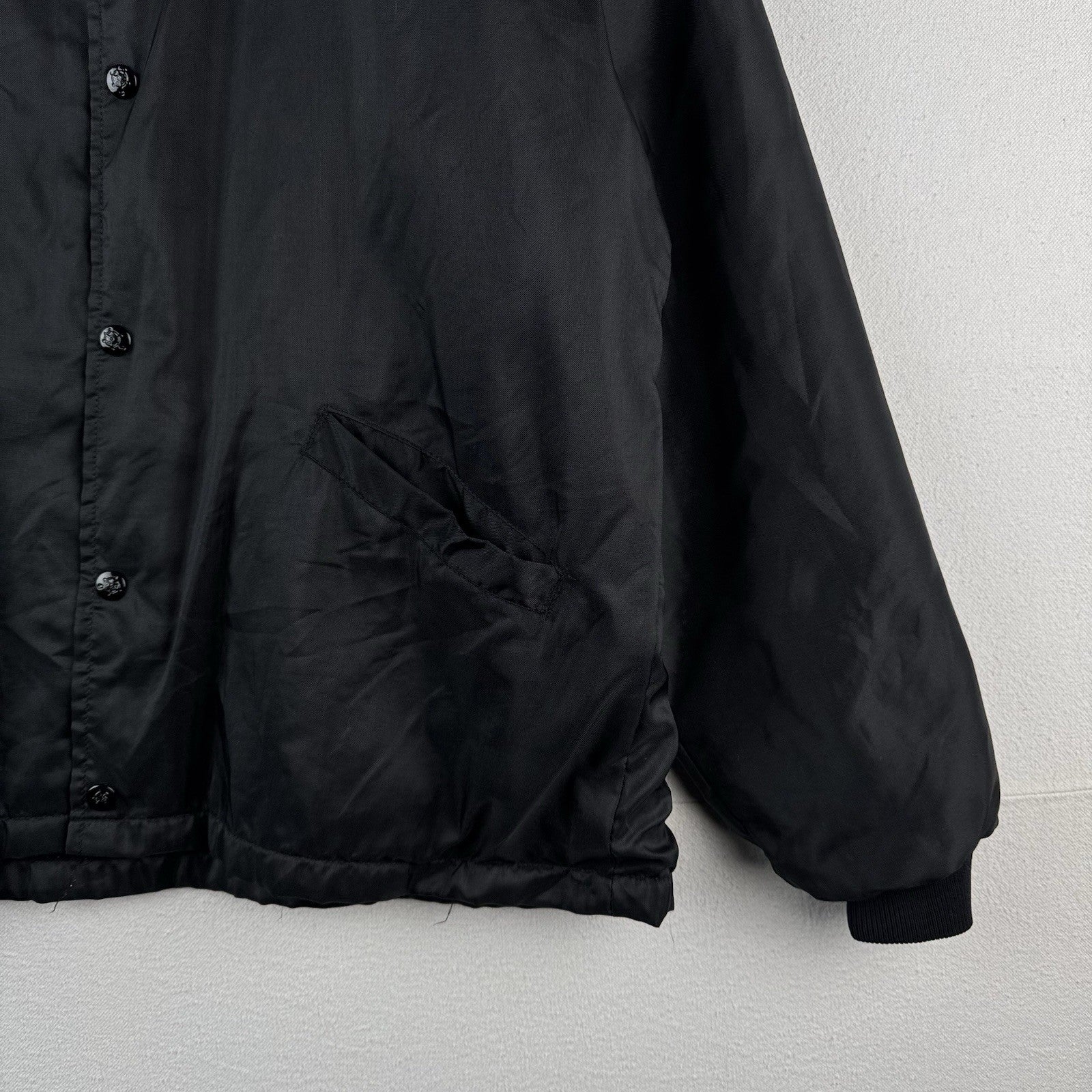 70's Vtg Parker Hannifin Fleece Lined Coach Jacket Chain Stitched "Carl" Black L