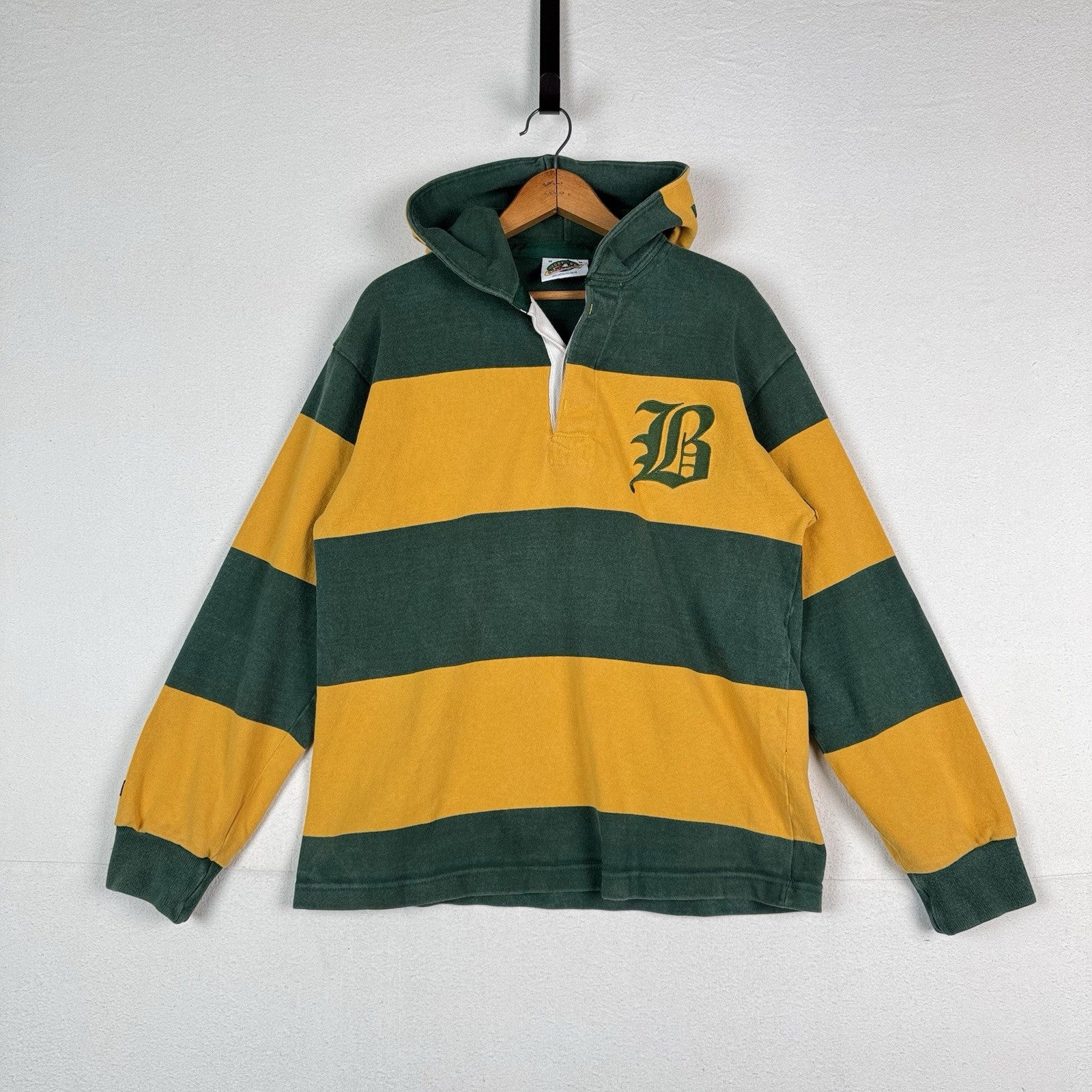 Barbarian Hooded Rugby Mens Medium Green Yellow Striped Pullover