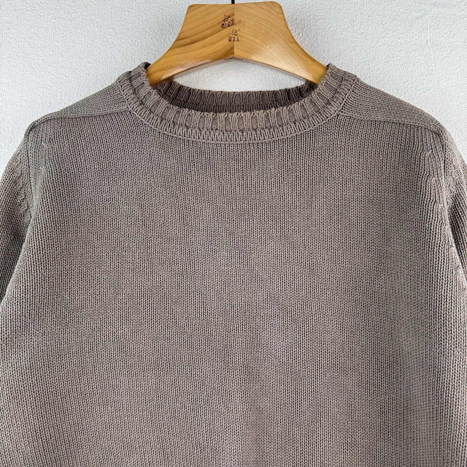 90’s Vtg Land's End Sweater Men L Tall Gray Tan Crew Chunky Knit Cotton Made USA