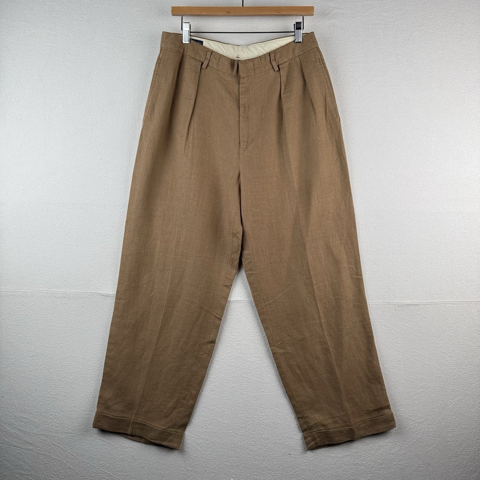 Vtg Polo Ralph Lauren Brown 100% Linen Pleated Cuffed Dress Pants Fits 30x27