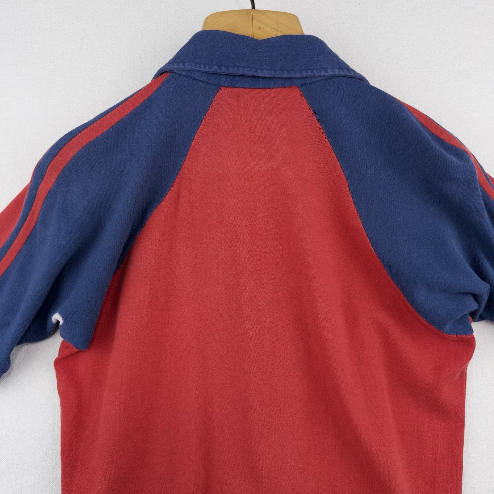 70's Vtg Raglan Polo Shirt Red Blue Color Block Johnny Collar V-Neck *Distressed