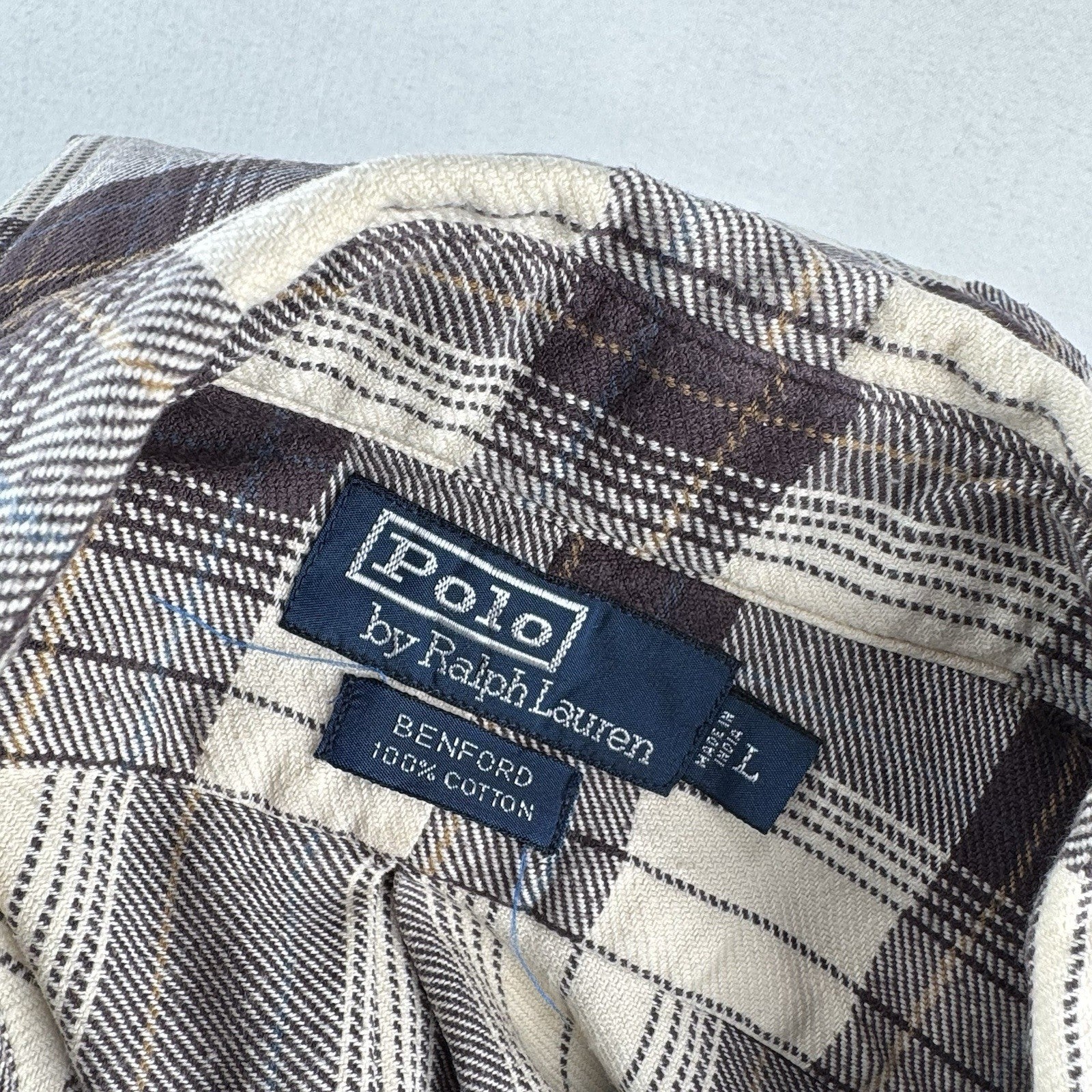 Vintage Ralph Lauren Shirt Mens L Brown Plaid Benford Flannel Cotton *Read