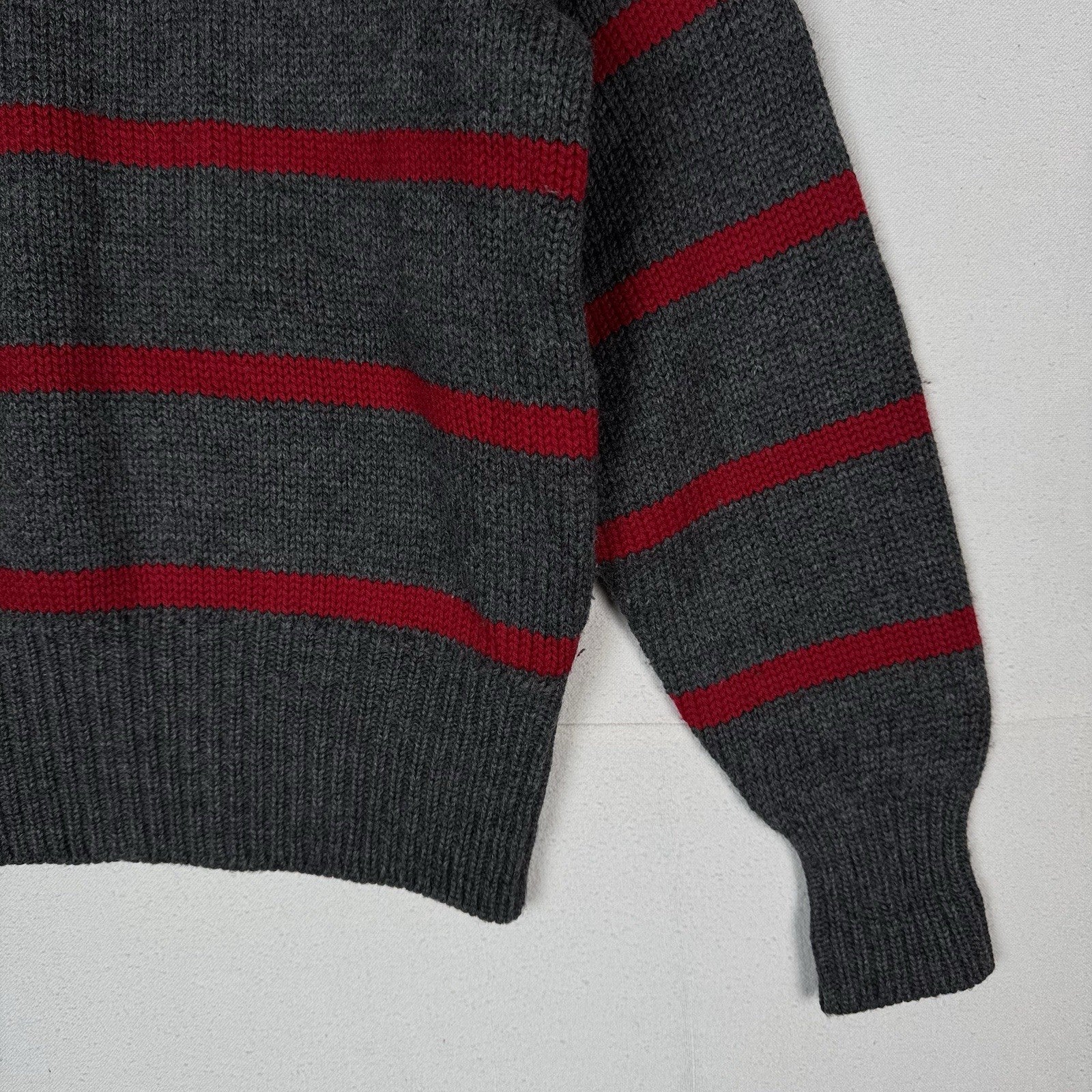 90’s Vtg Polo Ralph Lauren Striped Boat Neck Wool Knit Sweater Gray Red Crest XL
