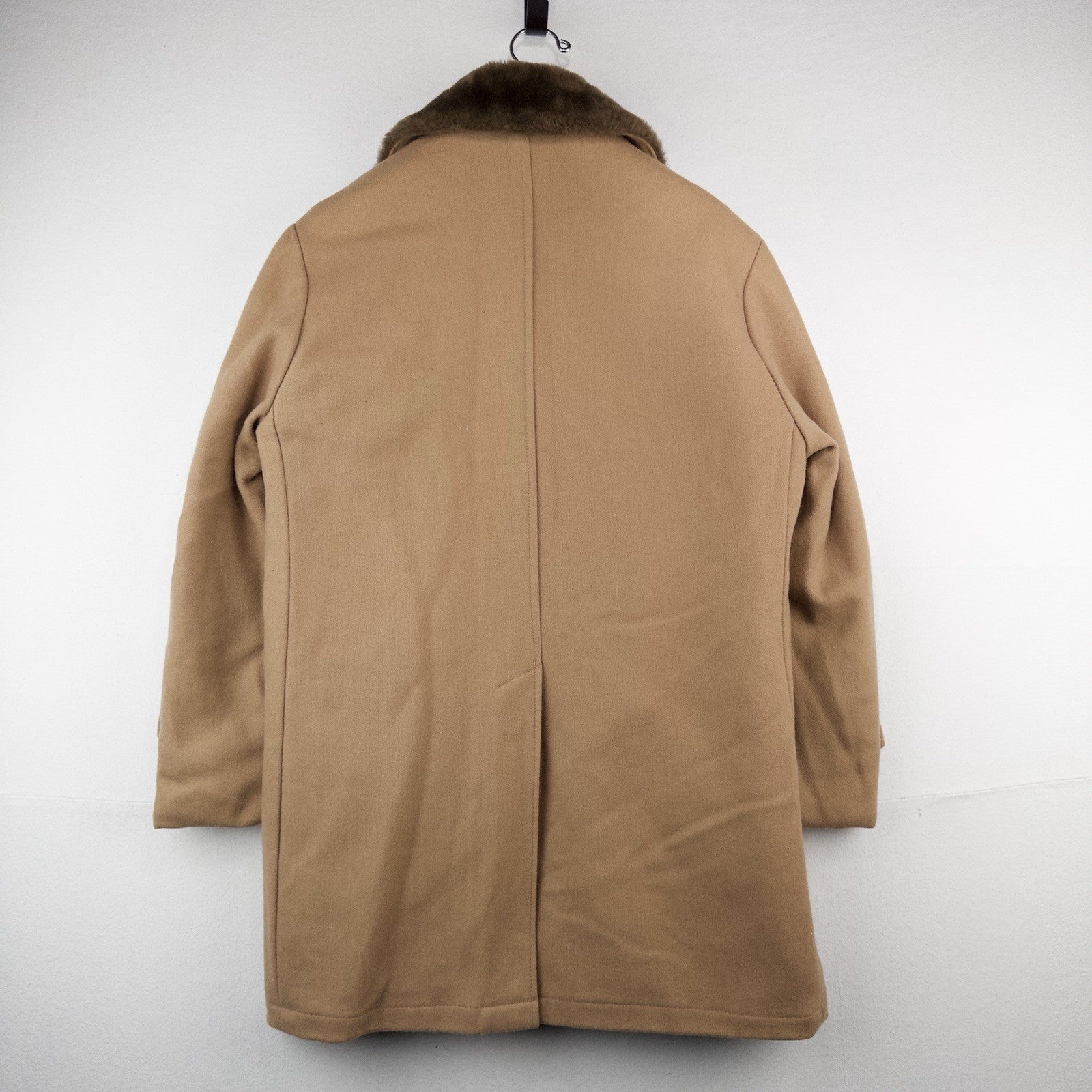 70’s Vtg Wool Men’s L/XL 44 Car Coat Overcoat Camel Brown Faux Fur Lining Collar
