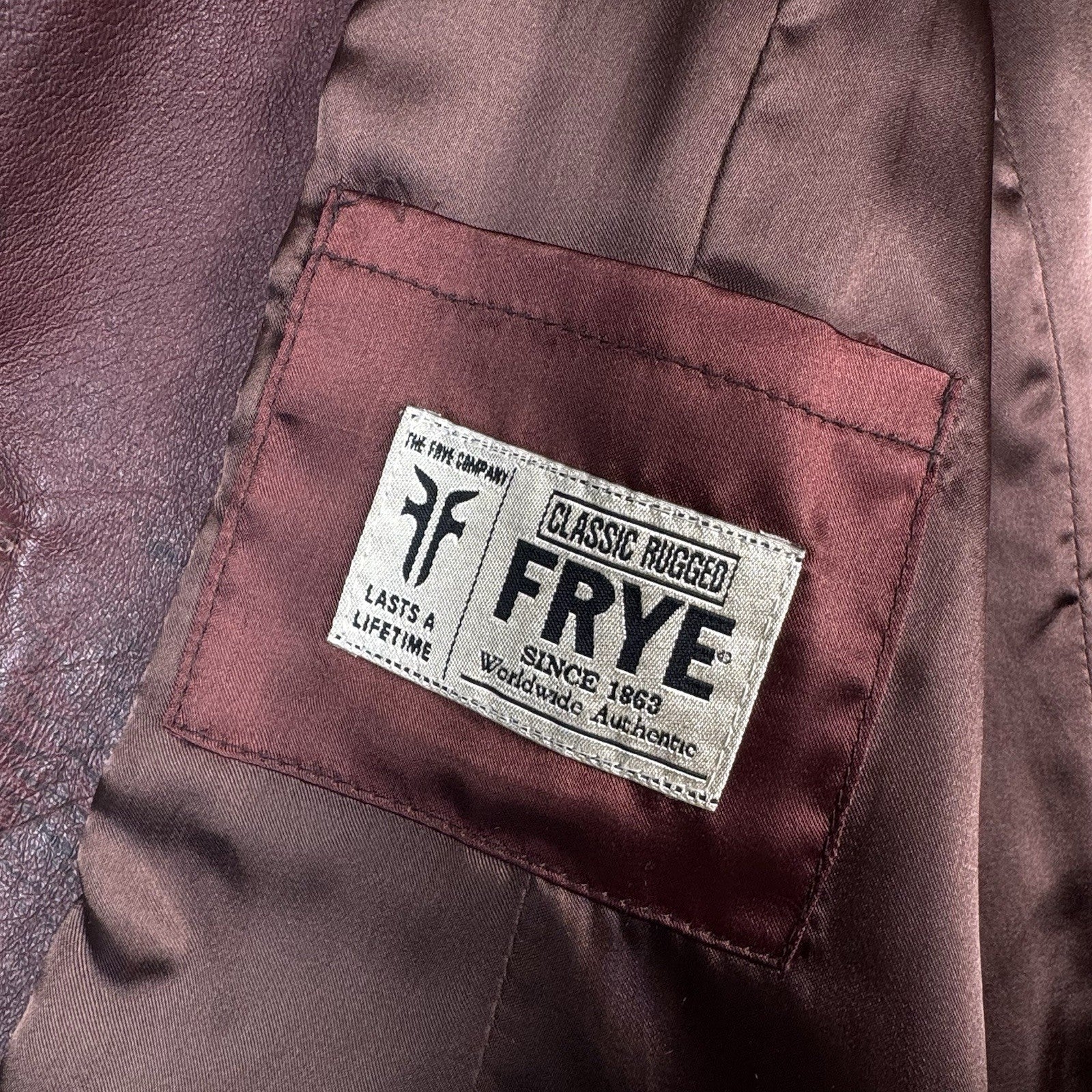 Vintage 90s Frye Leather Womens Large Jacket Coat Rust Brown Maroon Button Front
