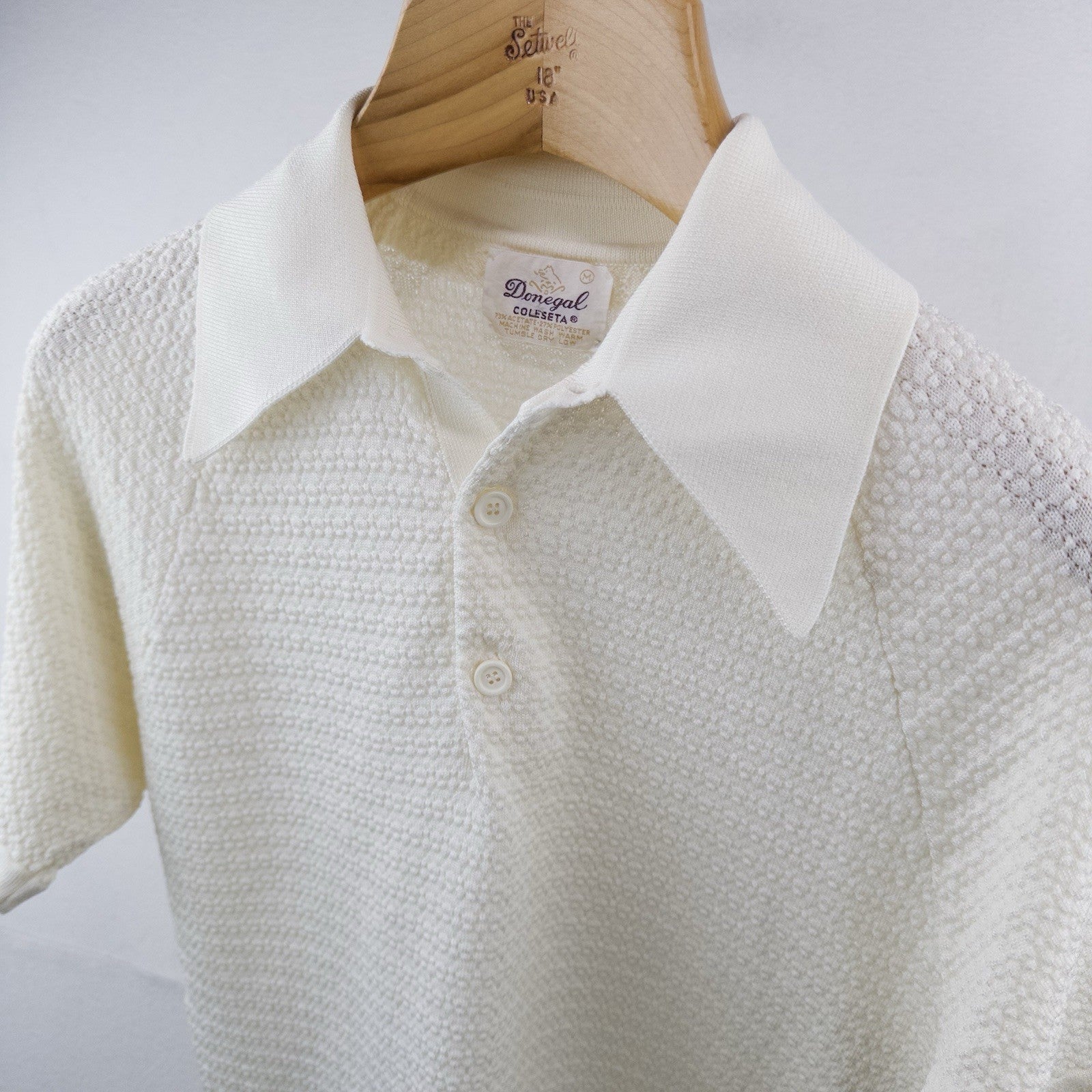 70’s Vtg Donegal Colesta Men’s M Cream Ivory Textured Polo Shirt Dagger Collar