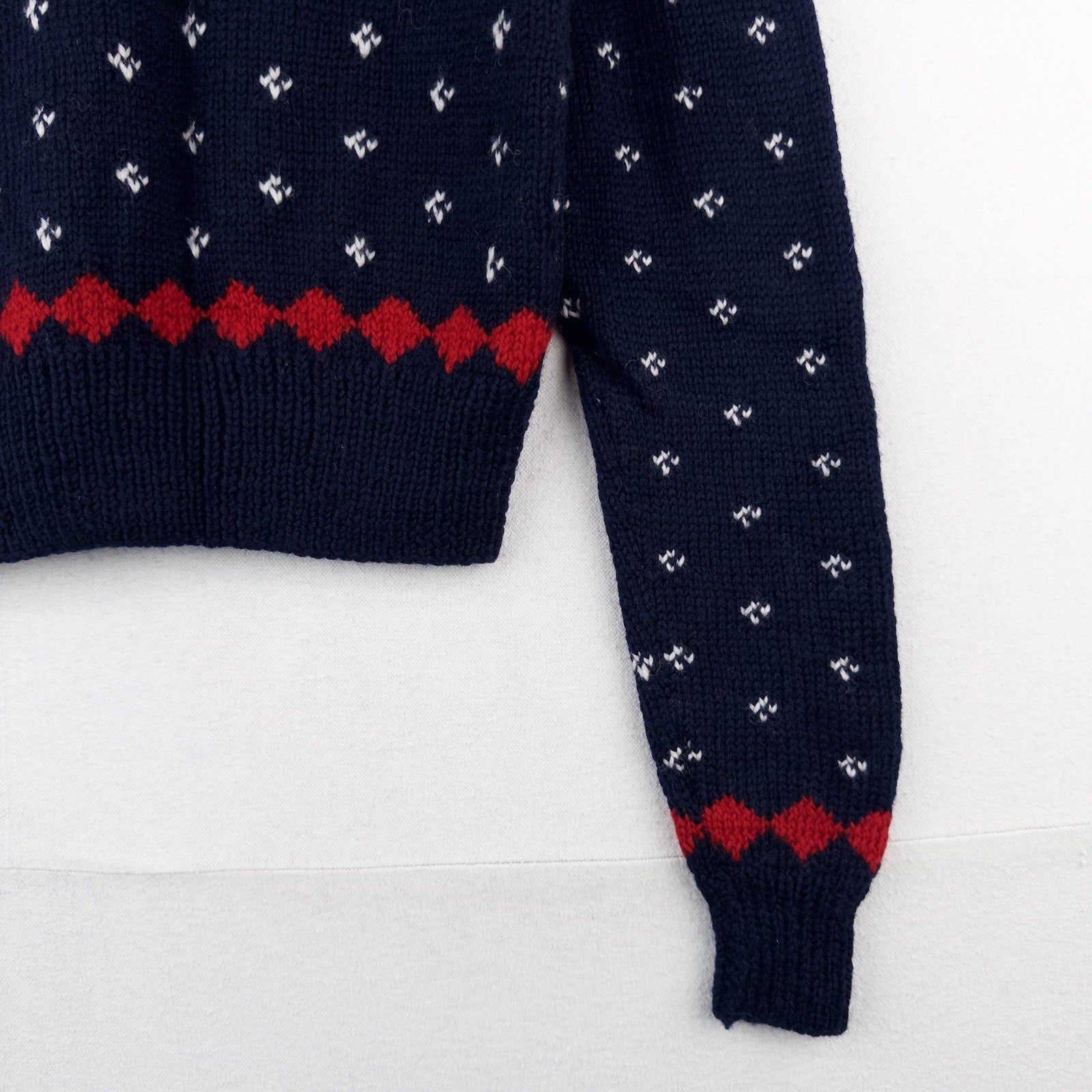 50’s Vtg Hand Knit Apres Ski Sweater Skier Blue Red Birds Eye Women’s S
