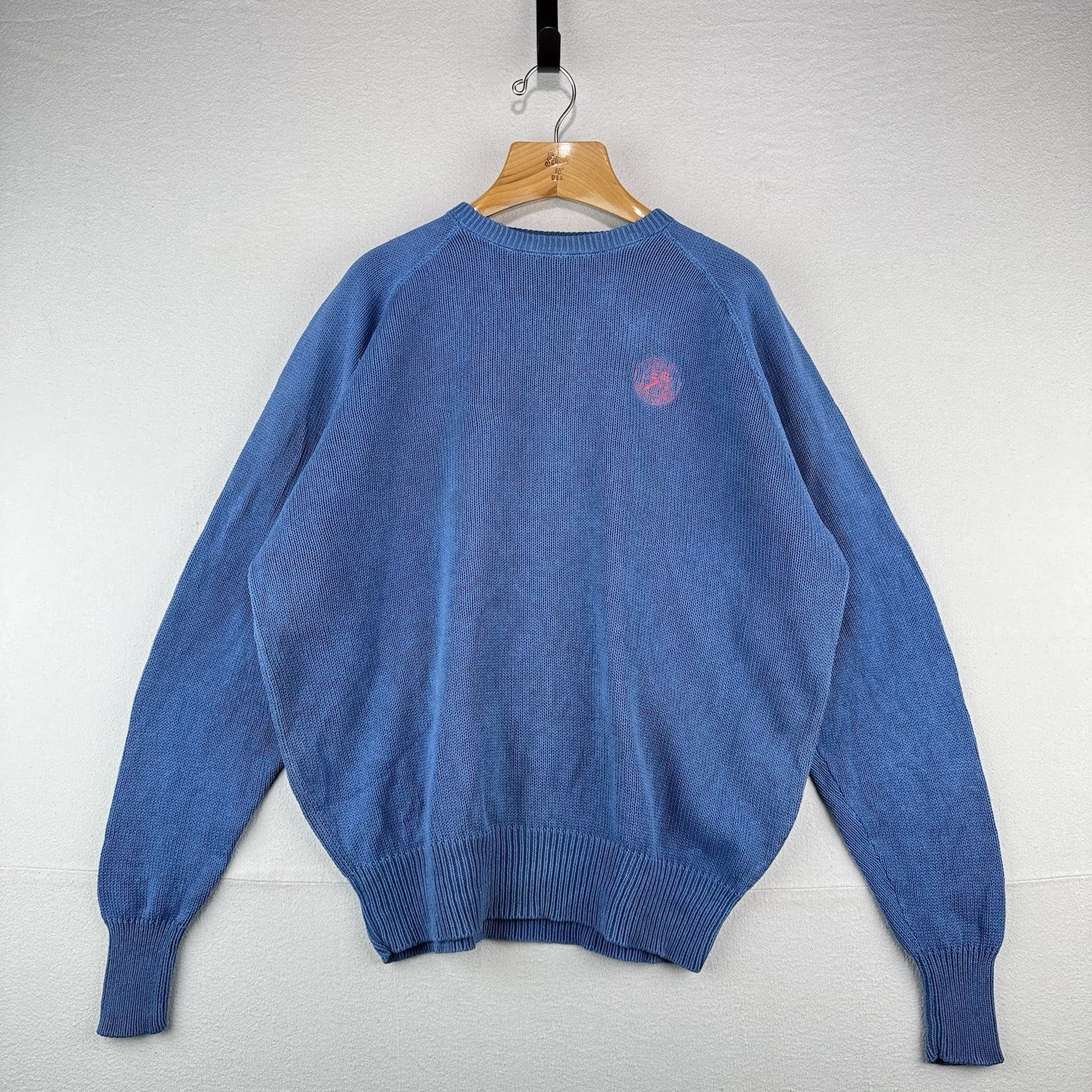 90s Vtg Polo Ralph Lauren Men’s L Cookie Sweater Patch Embroidered Raglan Blue