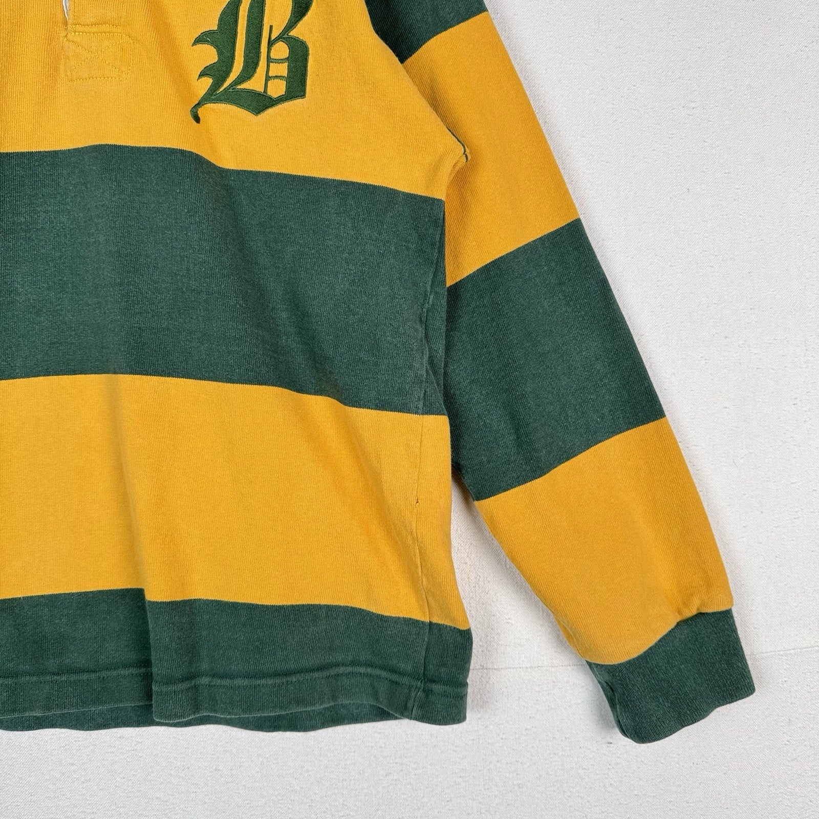 Barbarian Hooded Rugby Mens Medium Green Yellow Striped Pullover