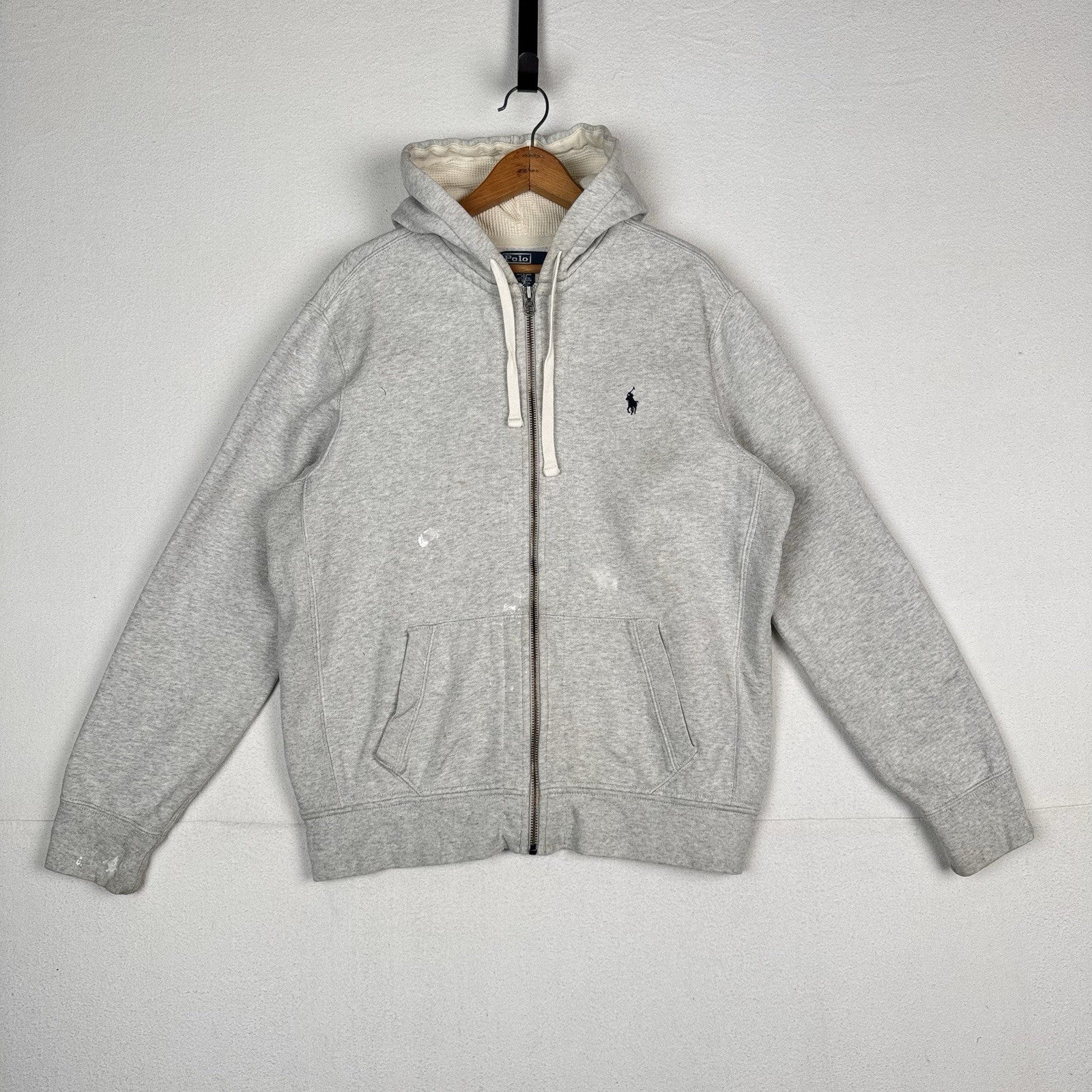 Vintage Polo Ralph Lauren Hoodie Men’s XL Gray Thermal Hood Full Zip Distressed