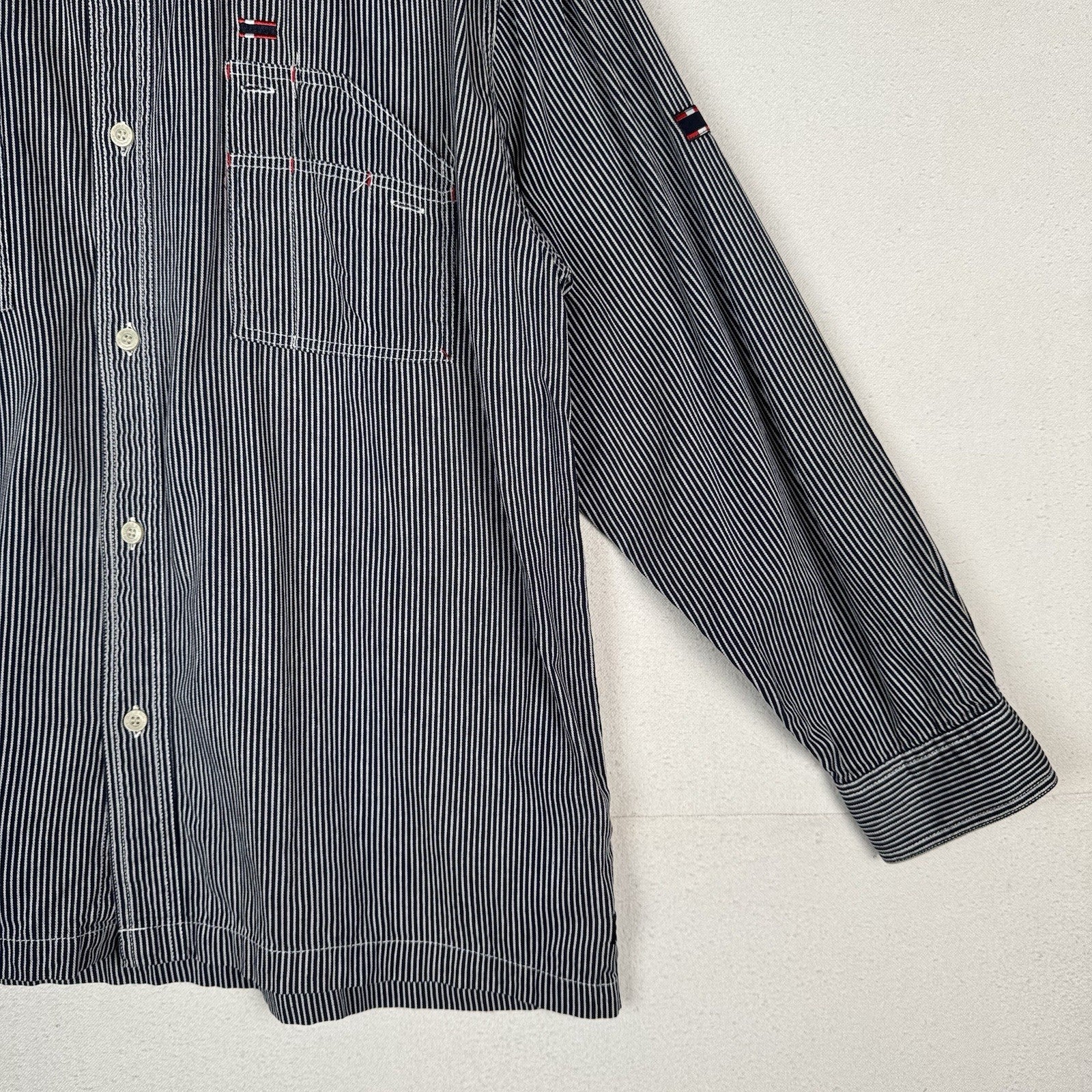 Vintage Bugle Boy 80s 90s Engineer Striped Long Sleeve Button Shirt Blue Men’s L